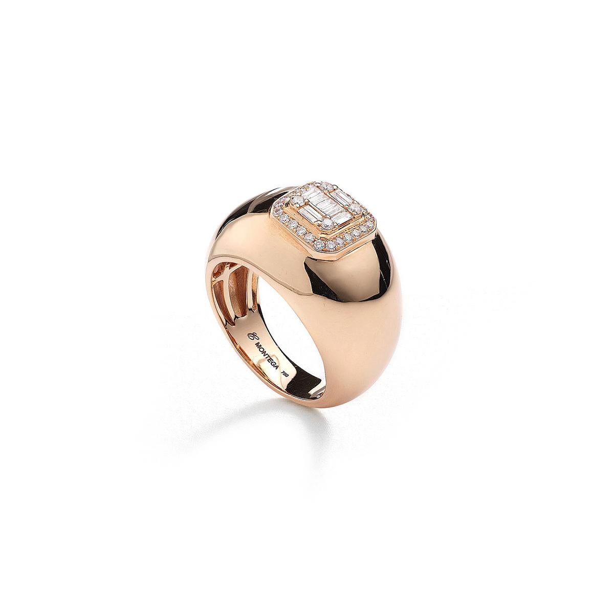 Ring in 18kt pink gold set with 9 baguette cut diamonds 0.15 cts and 28 diamonds 0.23 cts Size 53    