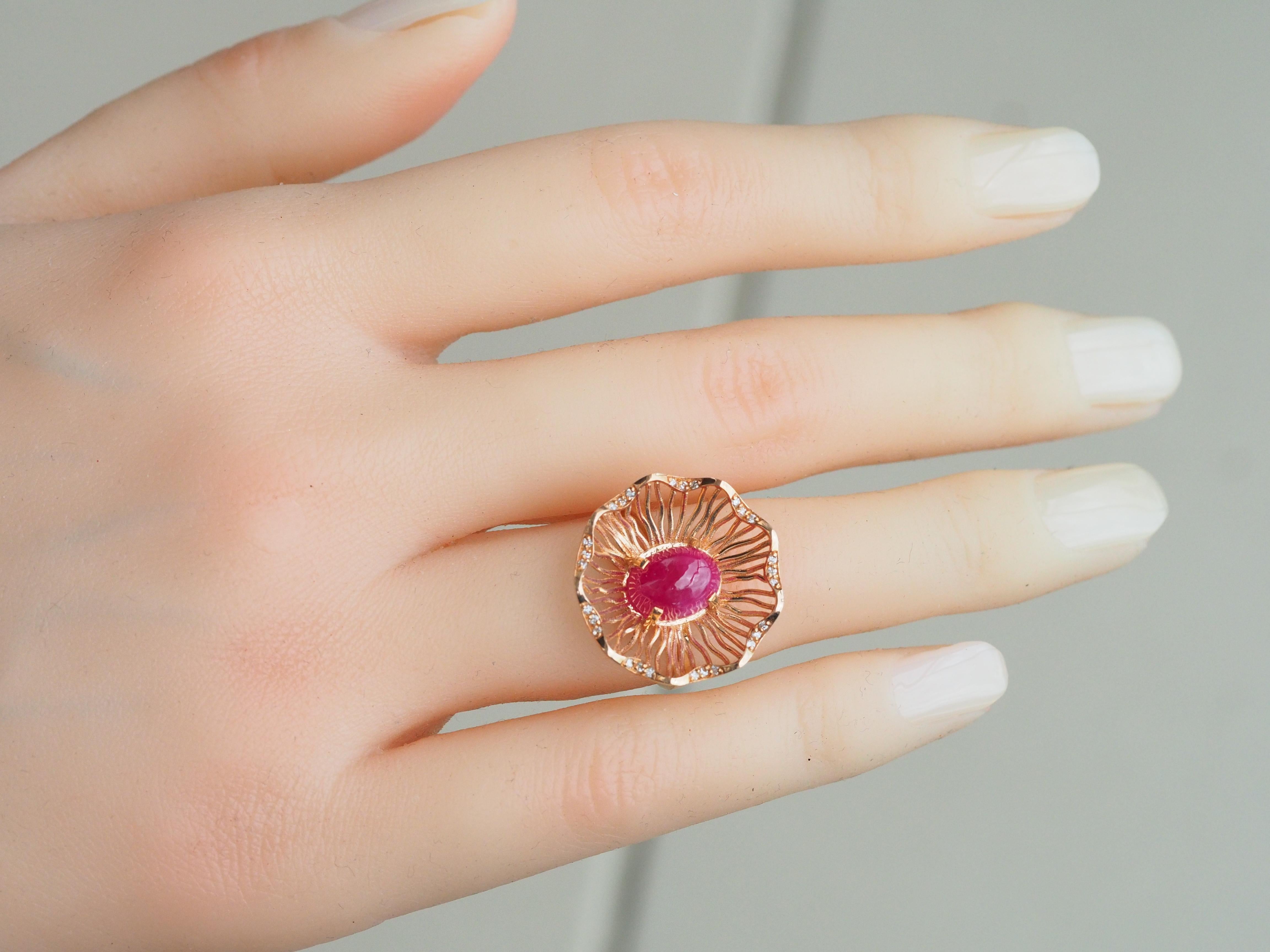 Pink gold ring with  ruby and diamonds. For Sale 8
