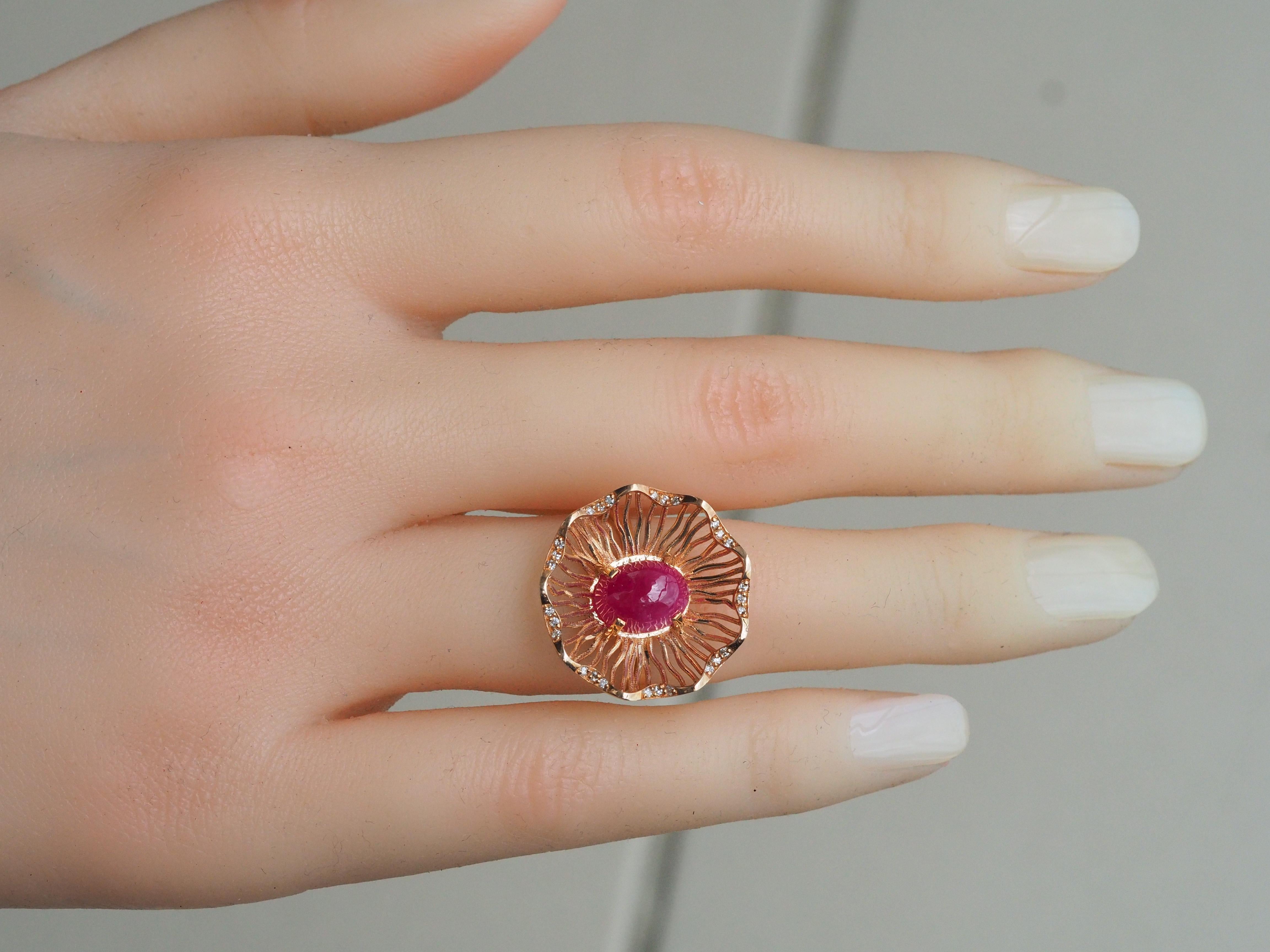Pink gold ring with  ruby and diamonds. For Sale 9