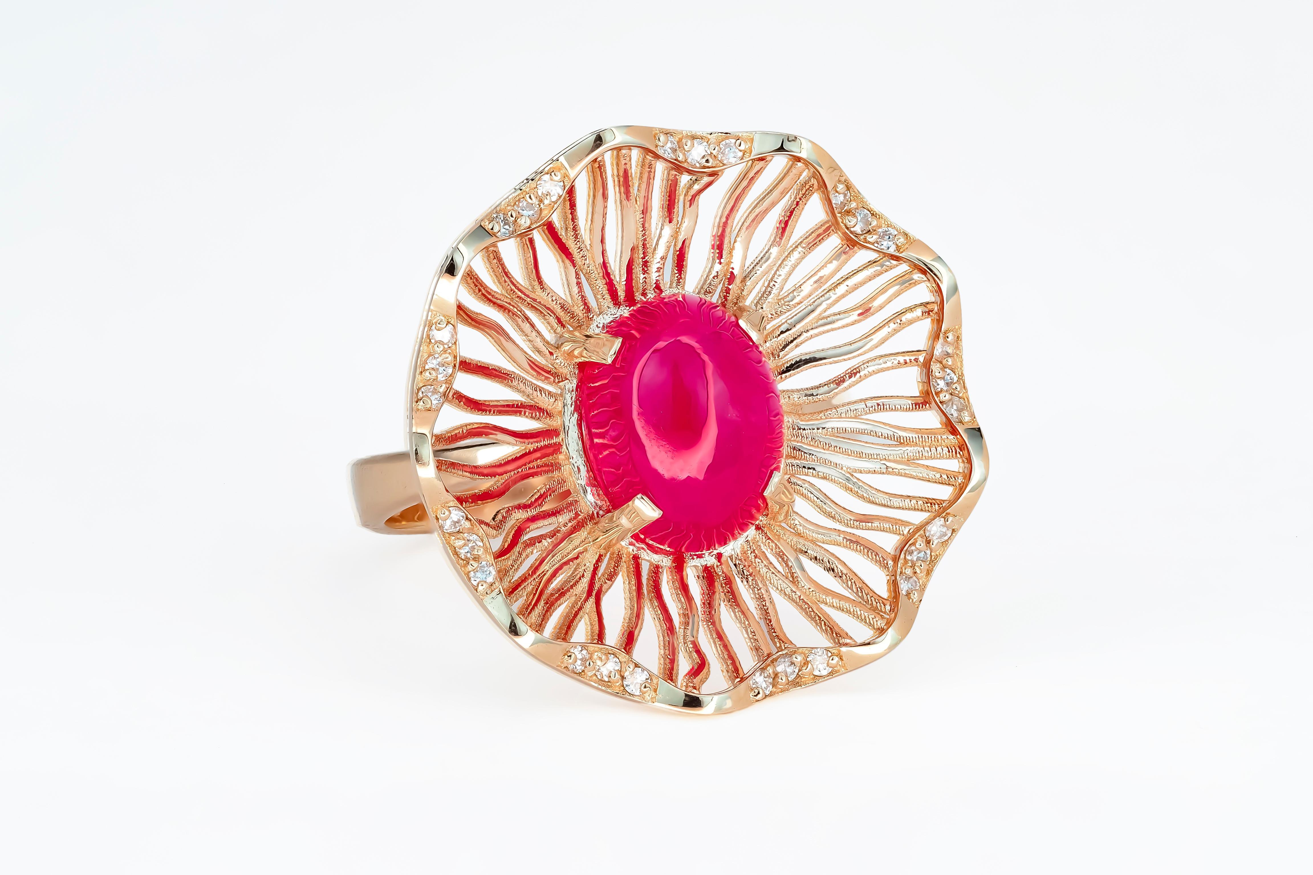 Pink gold ring with  ruby and diamonds.

Metal: 14k gold, tested in lab, no hallmark.
Total weight 4.45 gr. depends from size

Gemstones (all are tested by proffesional gemmologist):

Ruby
1.Oval cabochon cut, - 4.20 ct, semi-transparent, pinkish