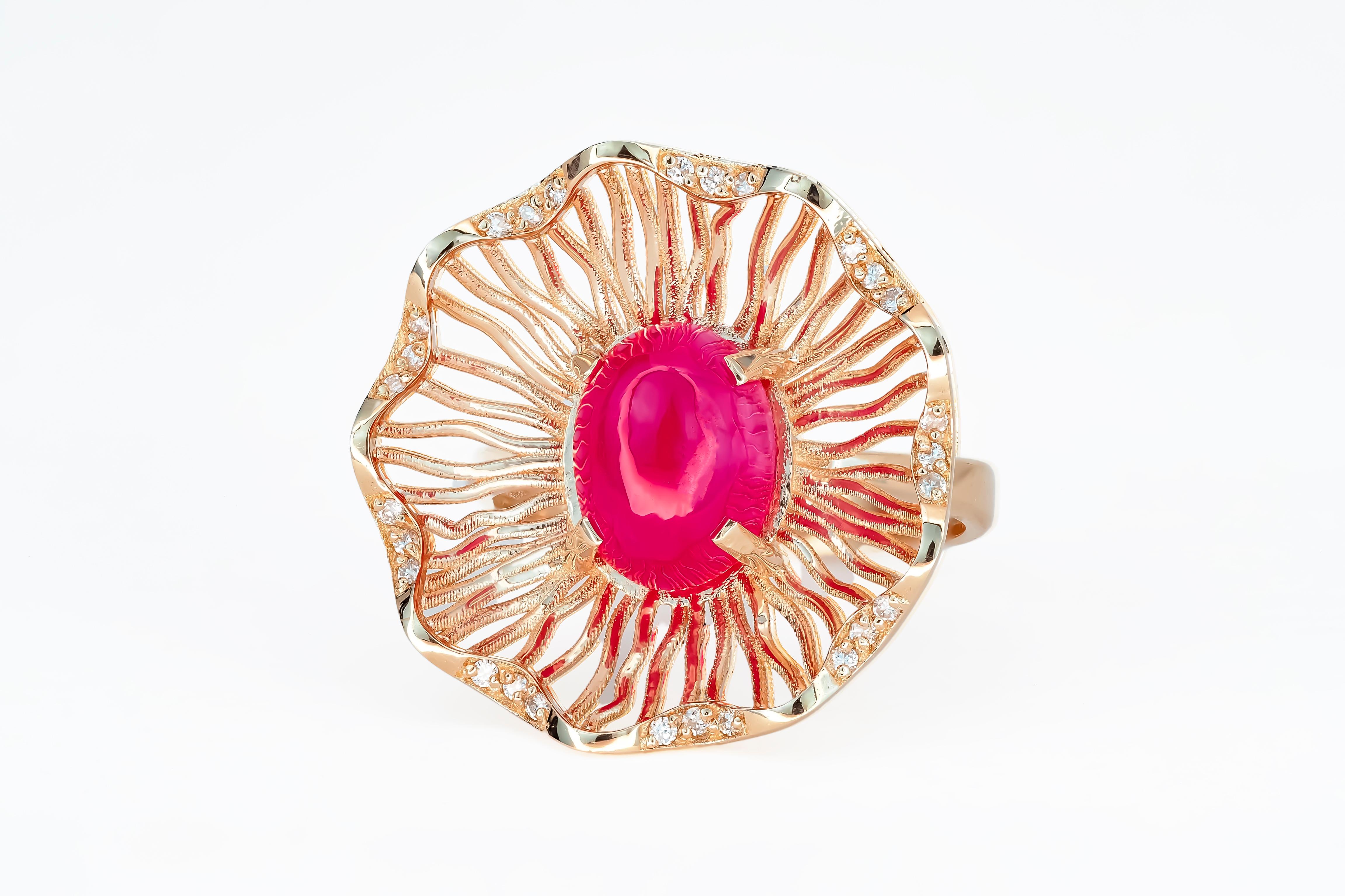 Cabochon Pink gold ring with  ruby and diamonds. For Sale