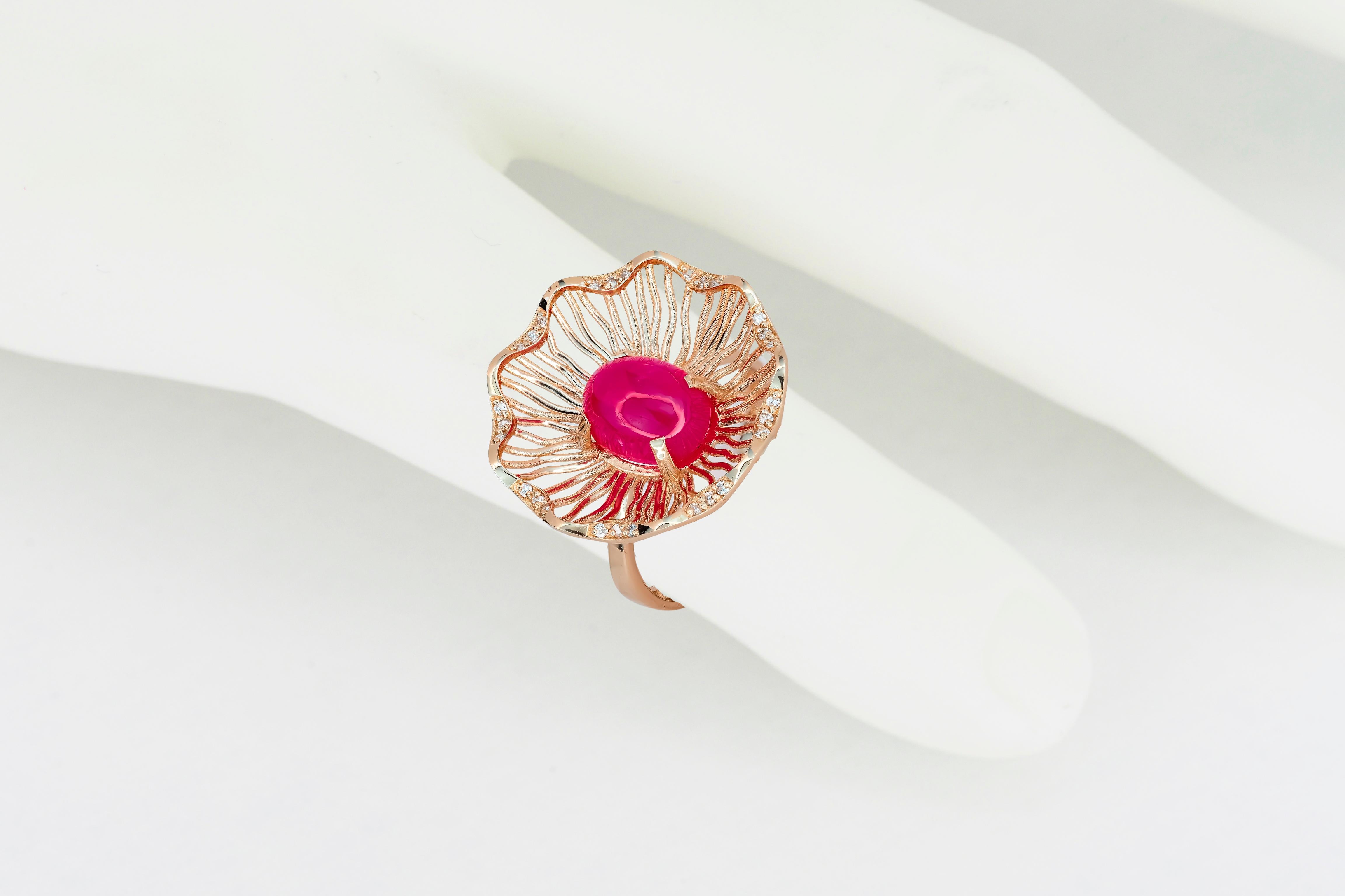 Pink Gold Ring with Ruby and Diamonds, Vintage Style Ring with Ruby Cabochon 5