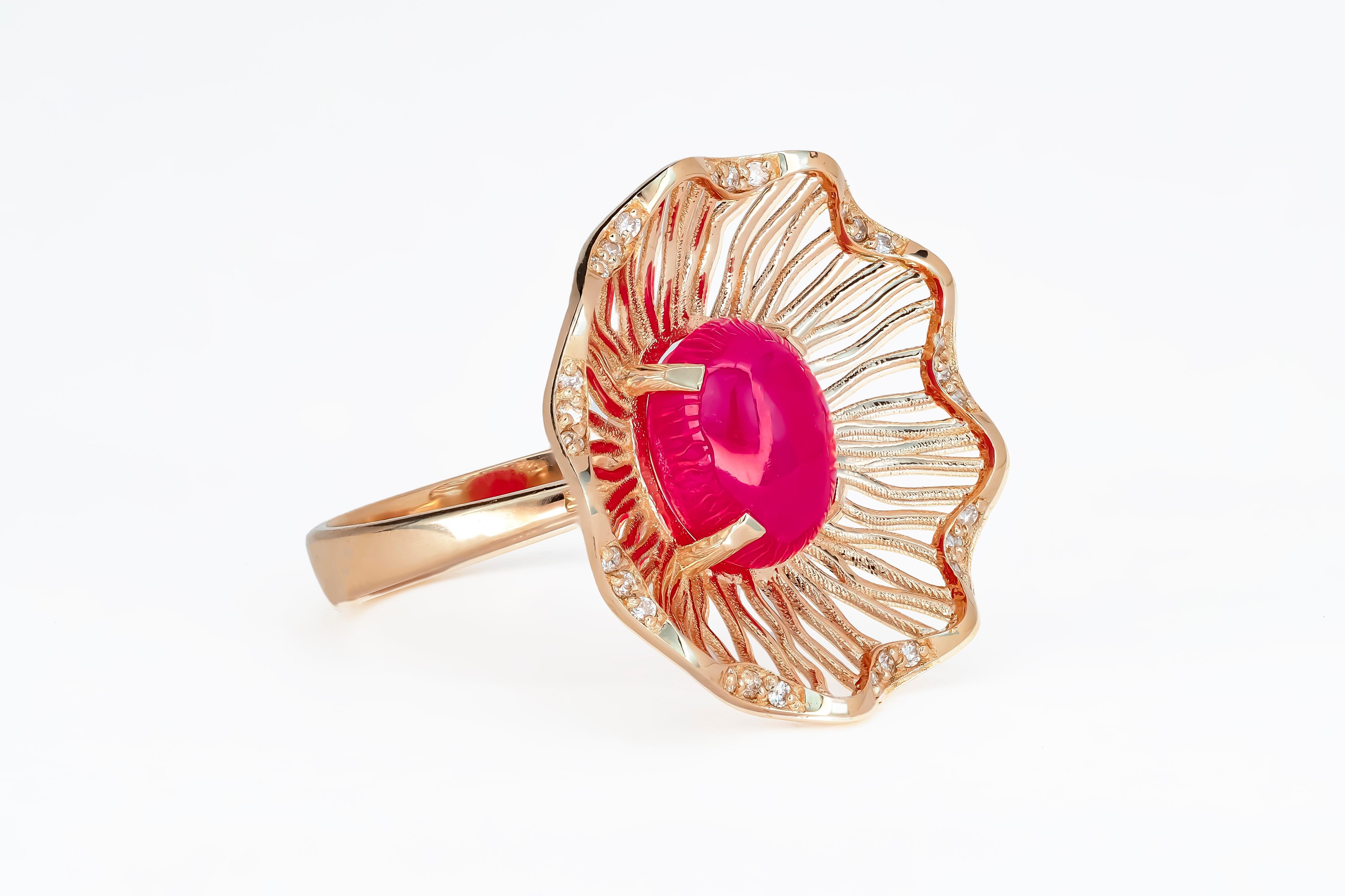Modern Pink Gold Ring with Ruby and Diamonds, Vintage Style Ring with Ruby Cabochon