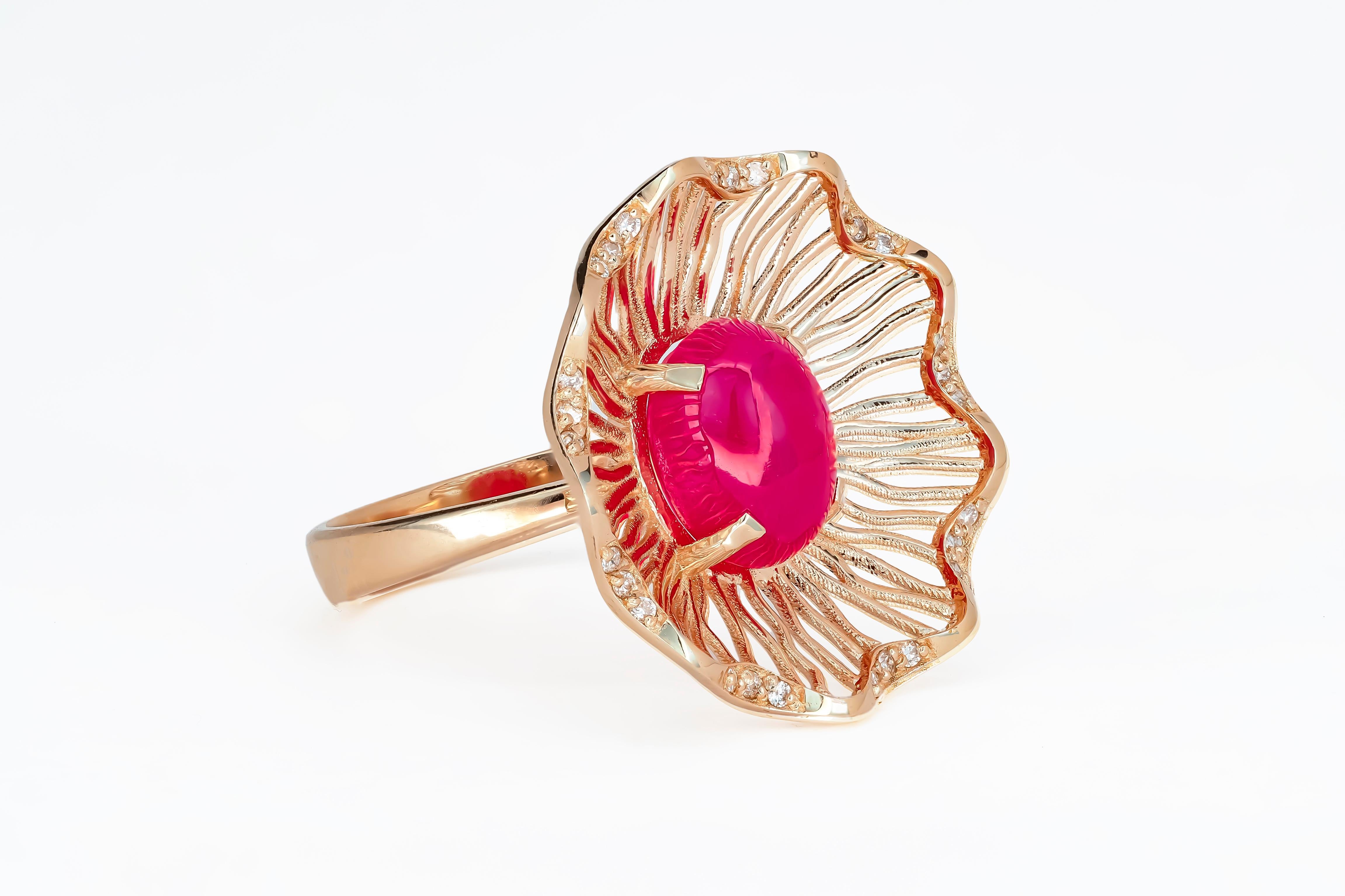 Pink Gold Ring with Ruby and Diamonds, Vintage Style Ring with Ruby  Cabochon at 1stDibs