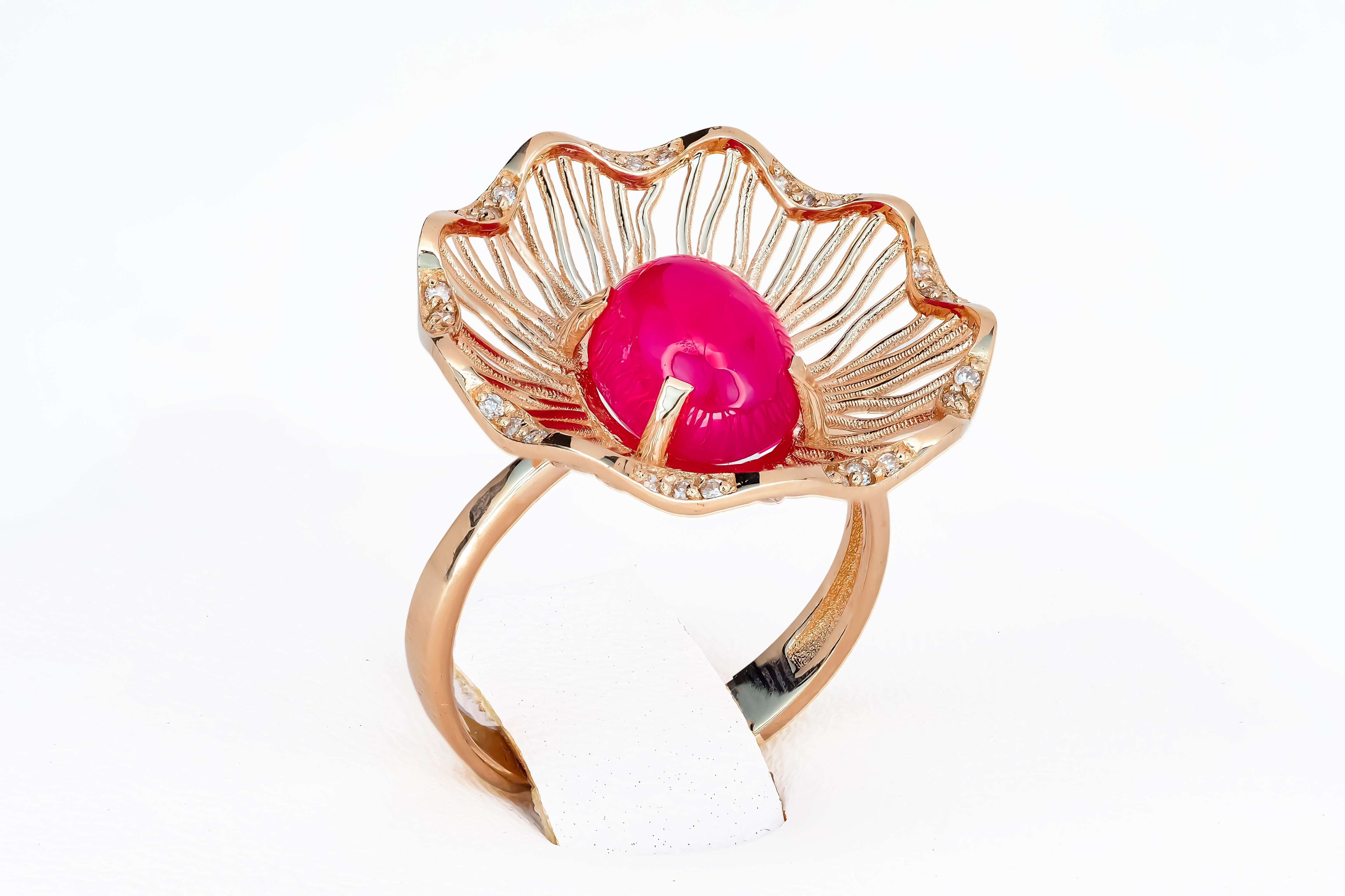 Portrait Cut Pink Gold Ring with Ruby and Diamonds, Vintage Style Ring with Ruby Cabochon