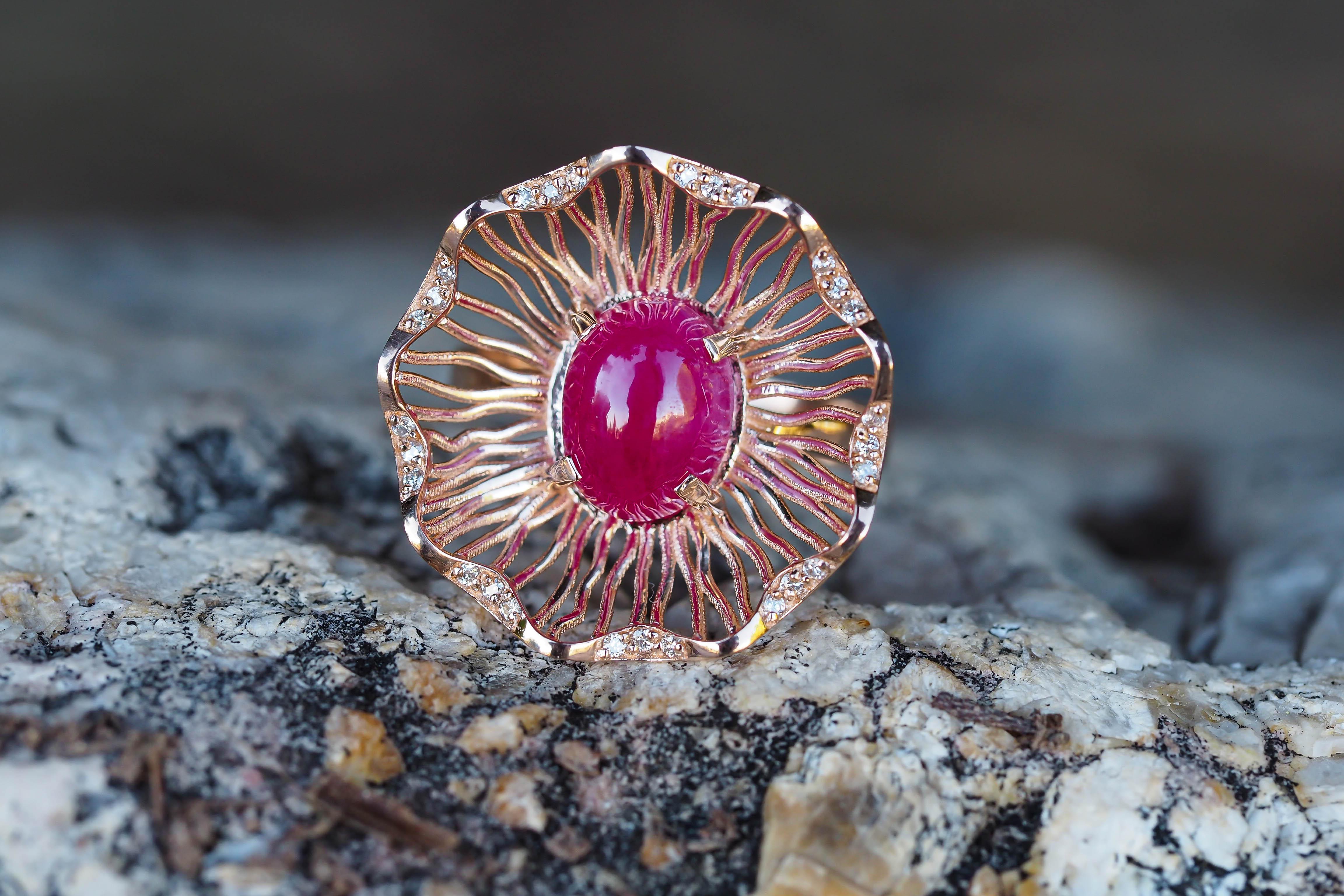Pink Gold Ring with Ruby and Diamonds, Vintage Style Ring with Ruby Cabochon 1