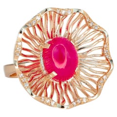 Pink Gold Ring with Ruby and Diamonds, Vintage Style Ring with Ruby Cabochon