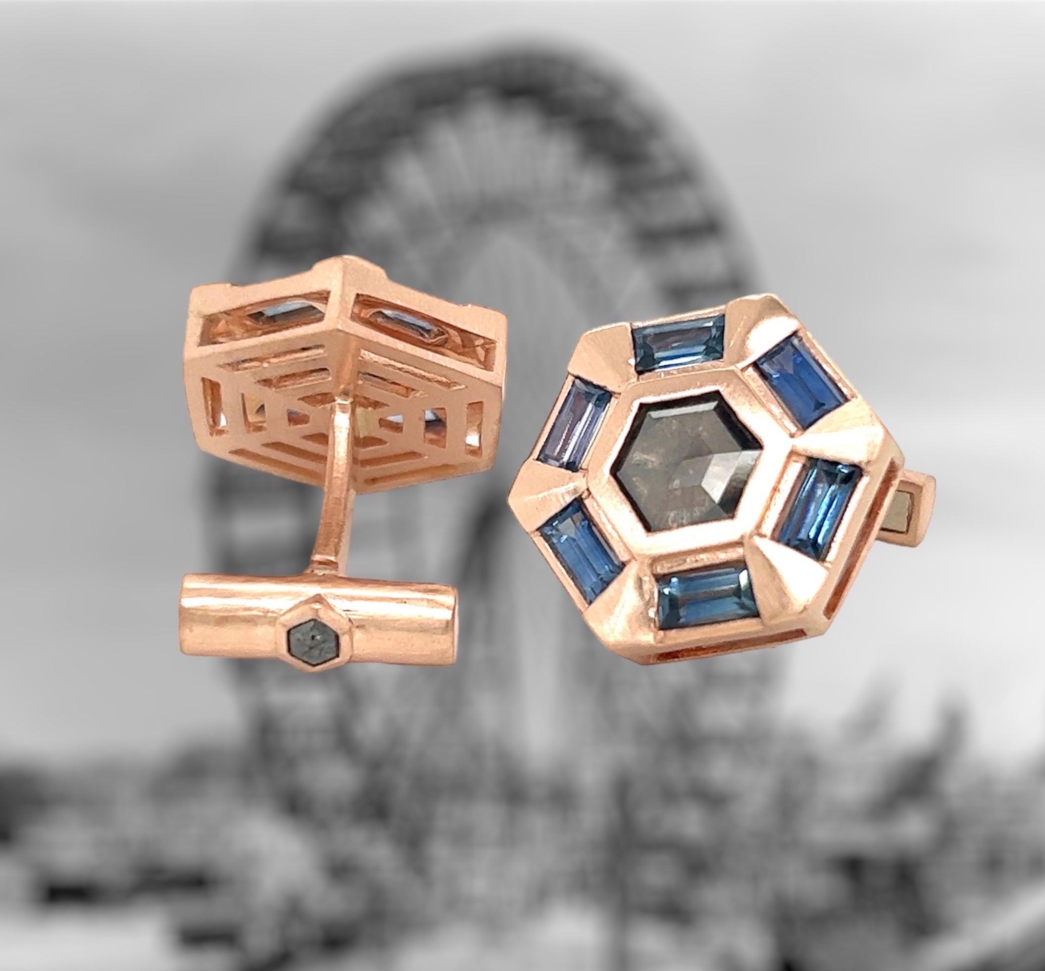 Pink Gold Sapphire Rose-Cut-Diamond Hexagon Cufflinks In New Condition For Sale In New York, NY