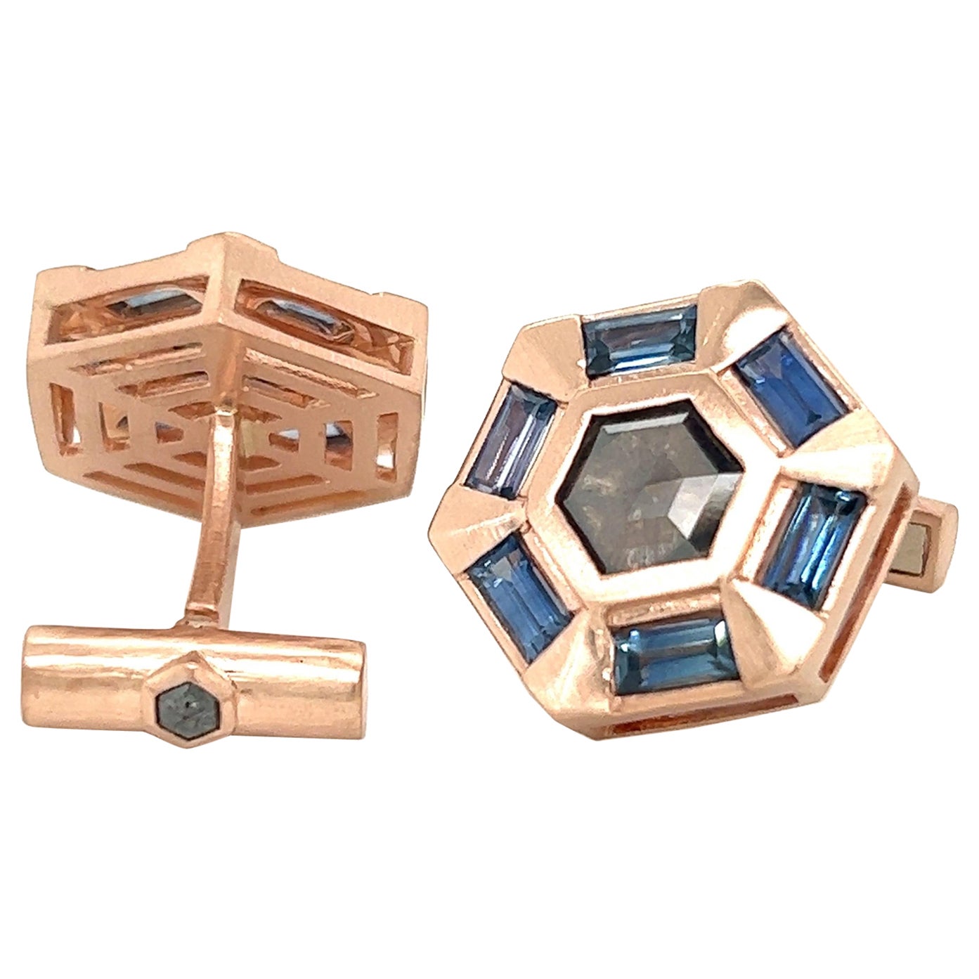 Boutons de manchette hexagonaux en or rose saphir et diamant taillé en rose