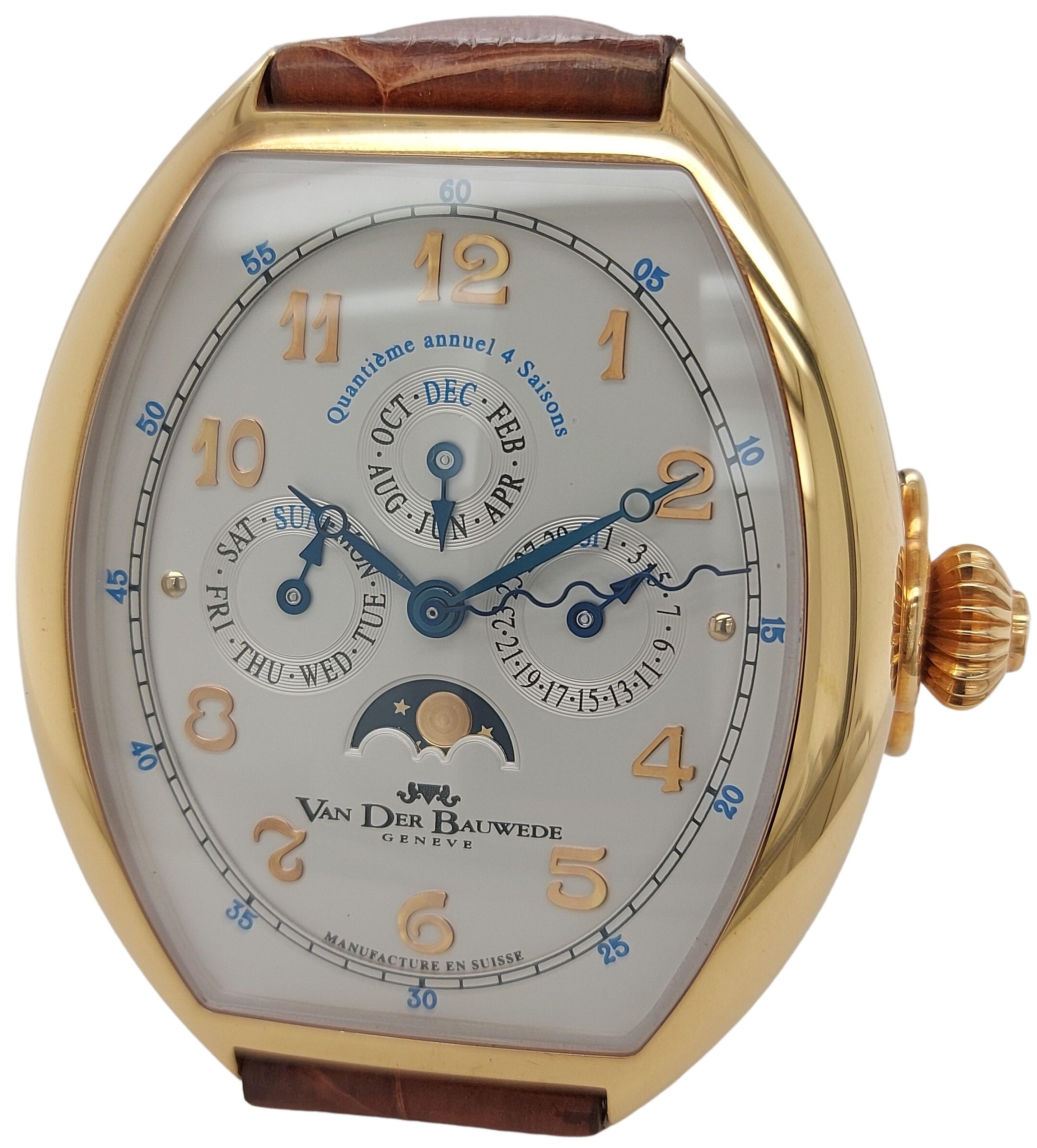 Golden Van Der Bauwede Quantième annuel 4 saisons - Limited Edition

Movement: Automatic

Functions: Hours, Minutes, Sweep Seconds, Day, Month, Moonphase

Case: 18kt pink gold, diameter 42.5 mm x 44 mm, thickness 19 mm, sapphire crystal, back case
