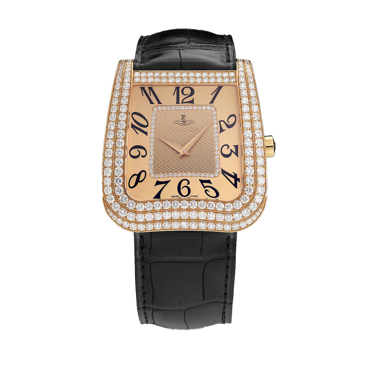 Watch in pink gold 18kt set with 247 diamonds 5.09 cts on case and prong buckle alligator strap quartz movement.       

We do not guarantee the functioning of this watch.
