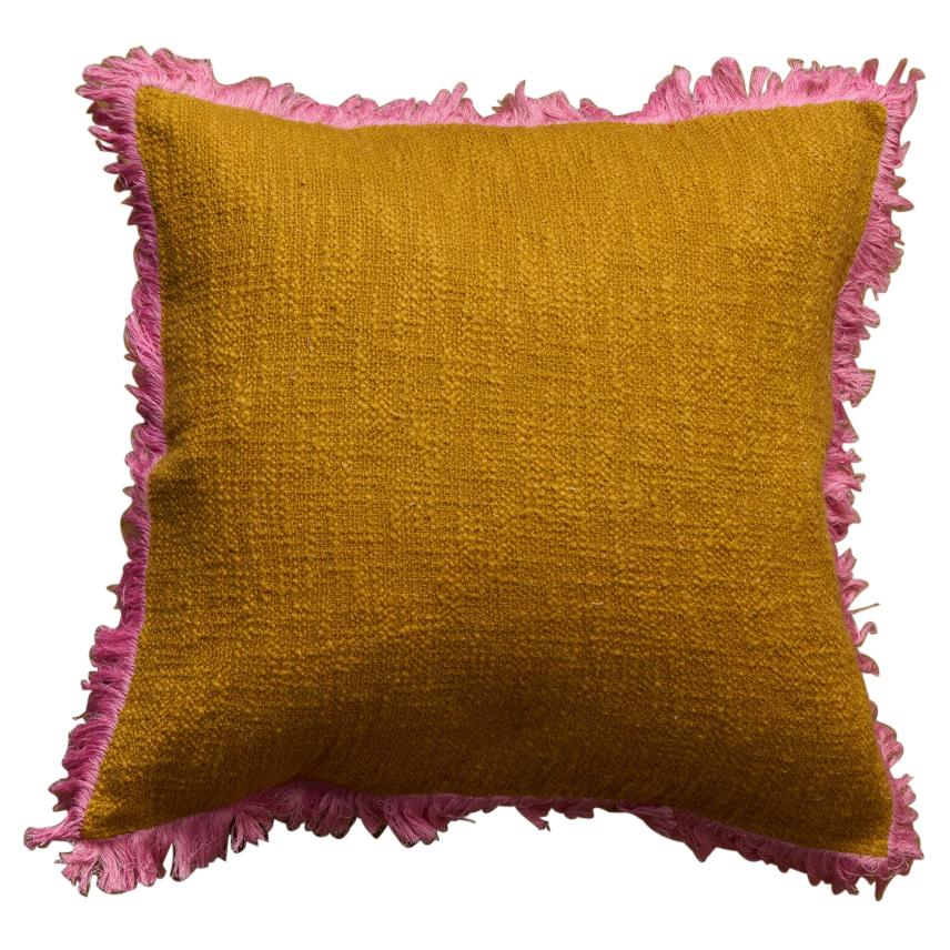 Pink Grass - Orange Cotton Cushion cover with Handmade Fringe Finishing For Sale