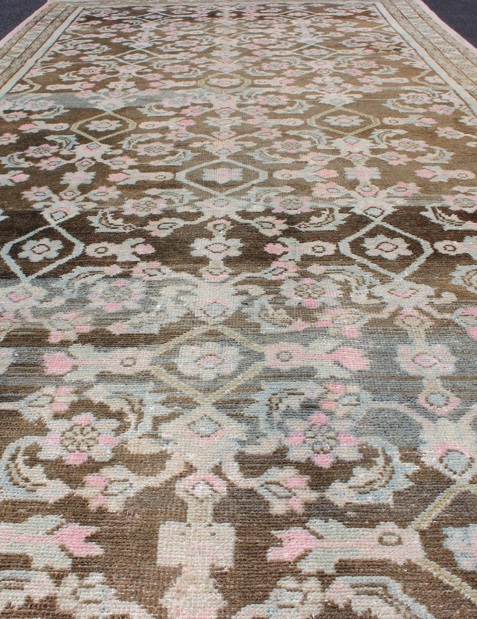 Pink, Gray, Charcoal and Brown Vintage Persian Hamadan Rug with Flower Design For Sale 3
