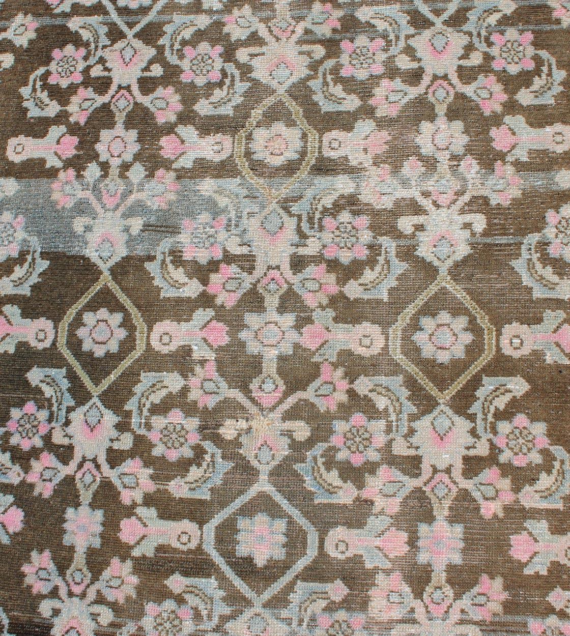 Pink, Gray, Charcoal and Brown Vintage Persian Hamadan Rug with Flower Design For Sale 4
