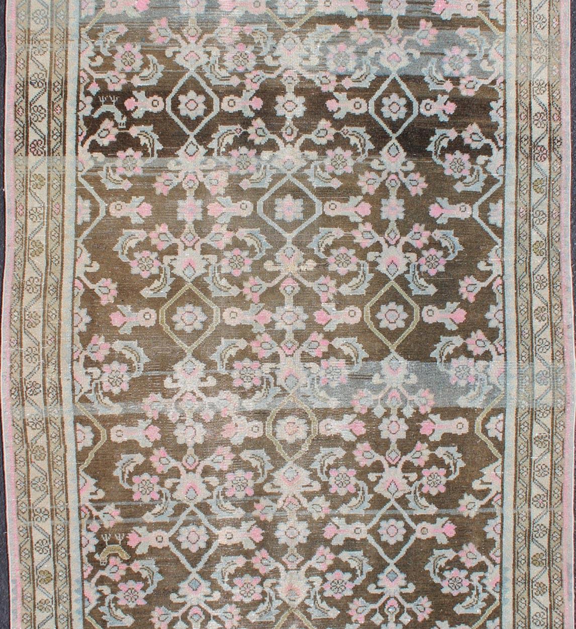 Malayer Pink, Gray, Charcoal and Brown Vintage Persian Hamadan Rug with Flower Design For Sale