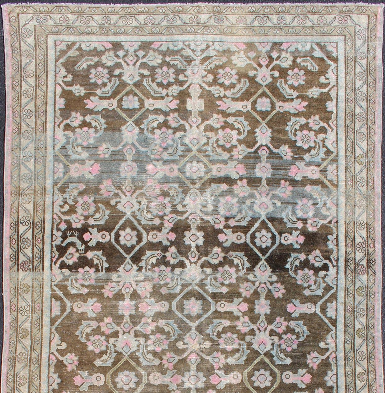 Hand-Knotted Pink, Gray, Charcoal and Brown Vintage Persian Hamadan Rug with Flower Design For Sale