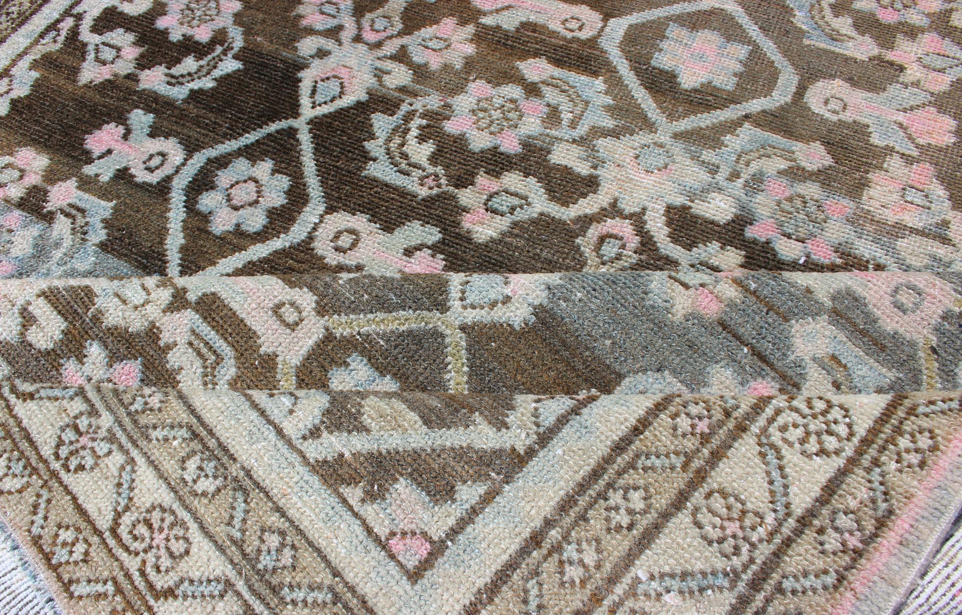 Pink, Gray, Charcoal and Brown Vintage Persian Hamadan Rug with Flower Design In Good Condition For Sale In Atlanta, GA