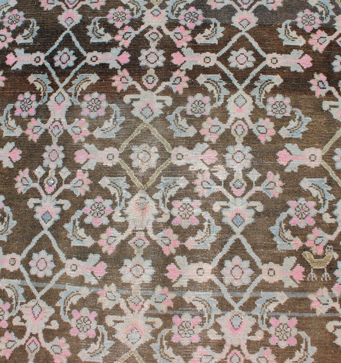 Mid-20th Century Pink, Gray, Charcoal and Brown Vintage Persian Hamadan Rug with Flower Design For Sale