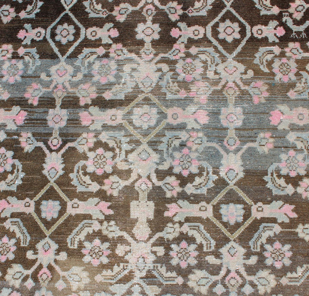 Wool Pink, Gray, Charcoal and Brown Vintage Persian Hamadan Rug with Flower Design For Sale