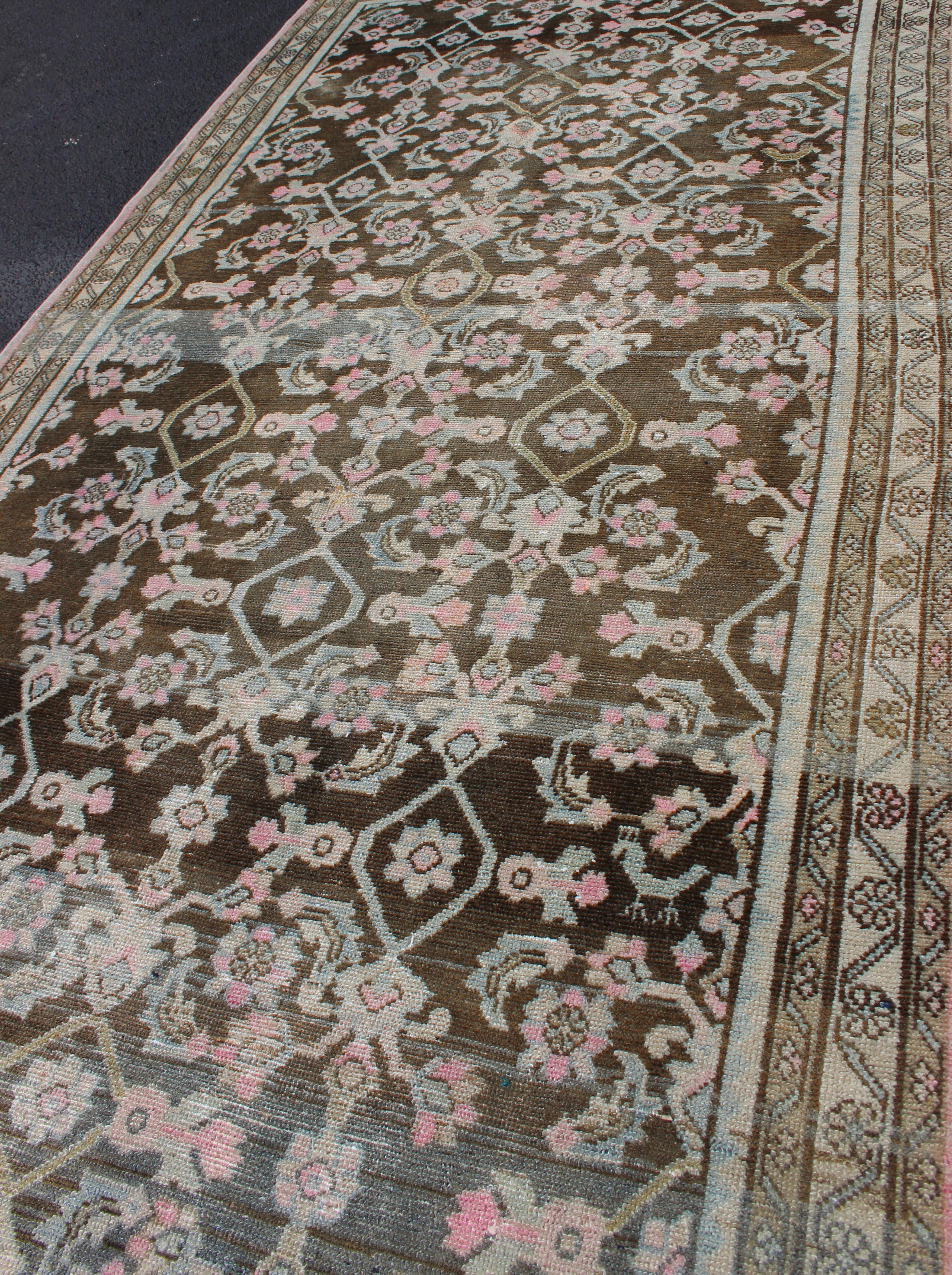 Pink, Gray, Charcoal and Brown Vintage Persian Hamadan Rug with Flower Design For Sale 1