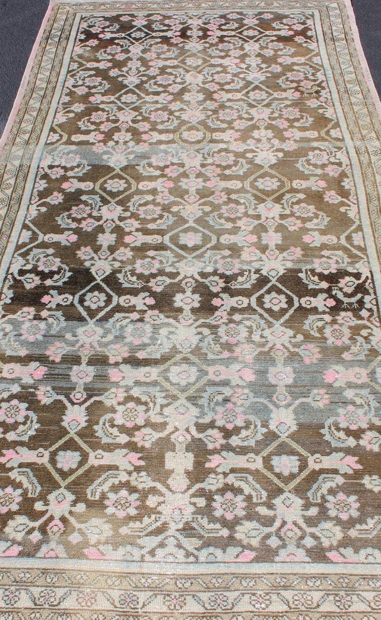 Pink, Gray, Charcoal and Brown Vintage Persian Hamadan Rug with Flower Design For Sale 2