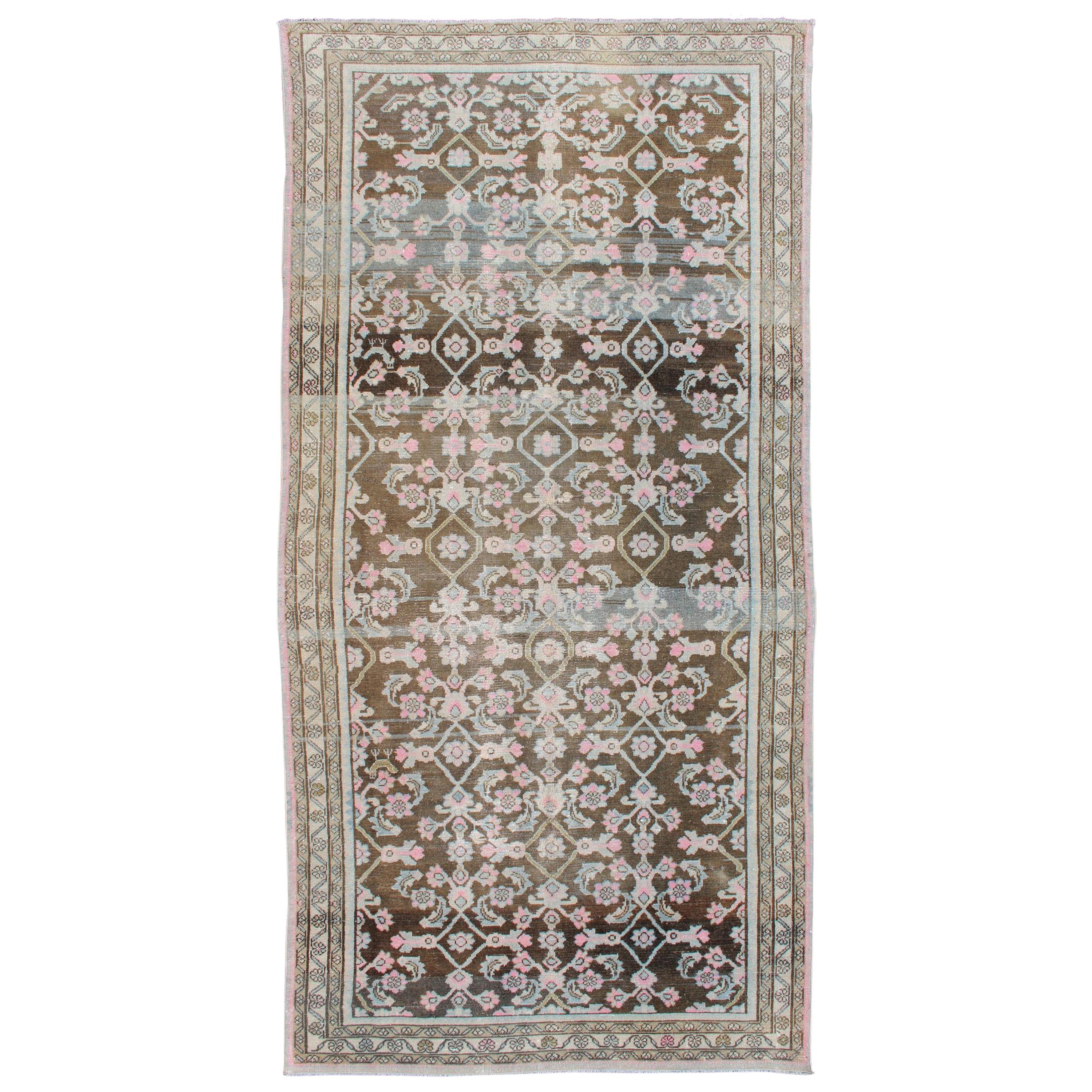 Pink, Gray, Charcoal and Brown Vintage Persian Hamadan Rug with Flower Design For Sale