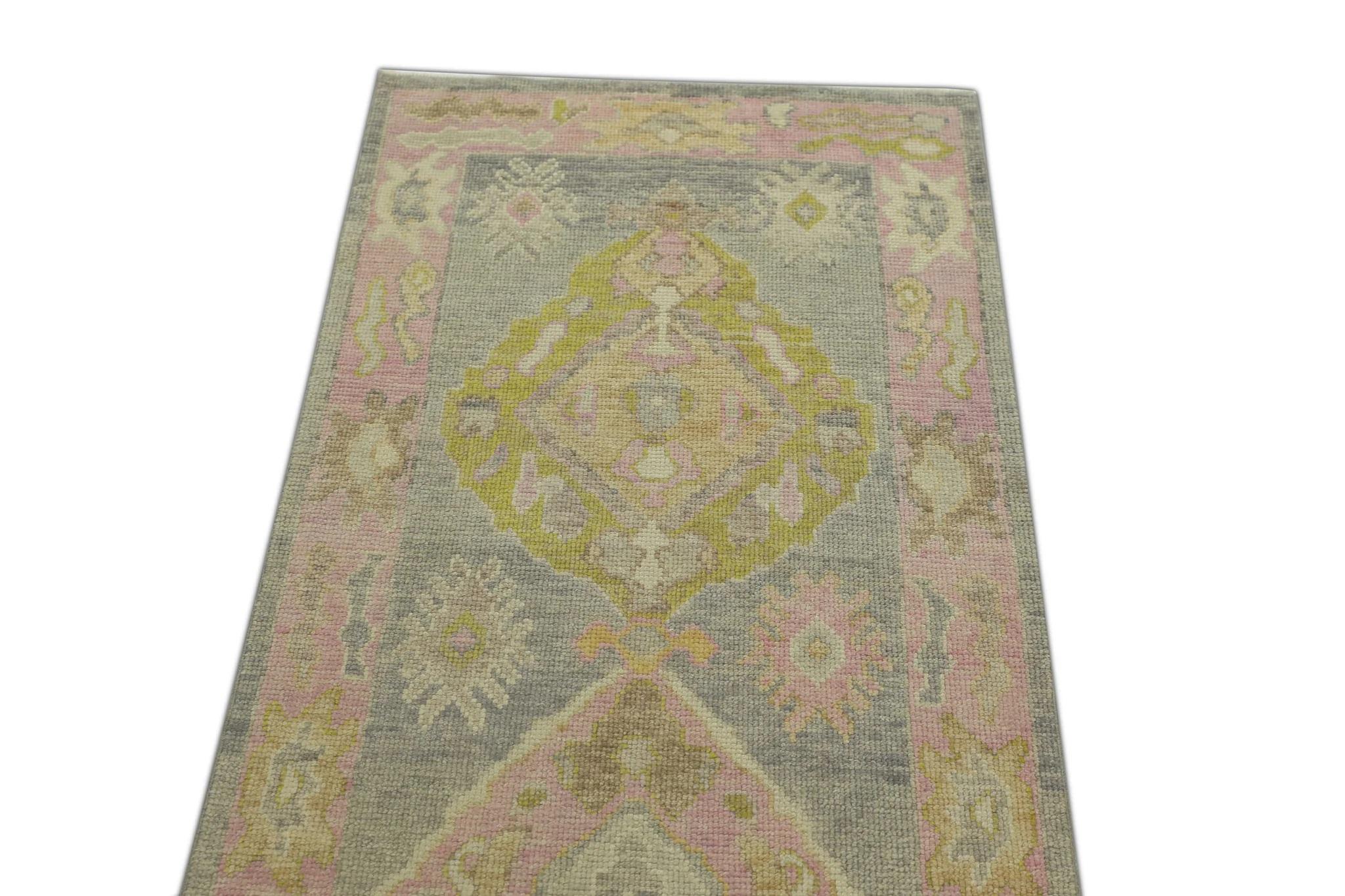 Pink & Gray Handwoven Wool Turkish Oushak Runner 2'11