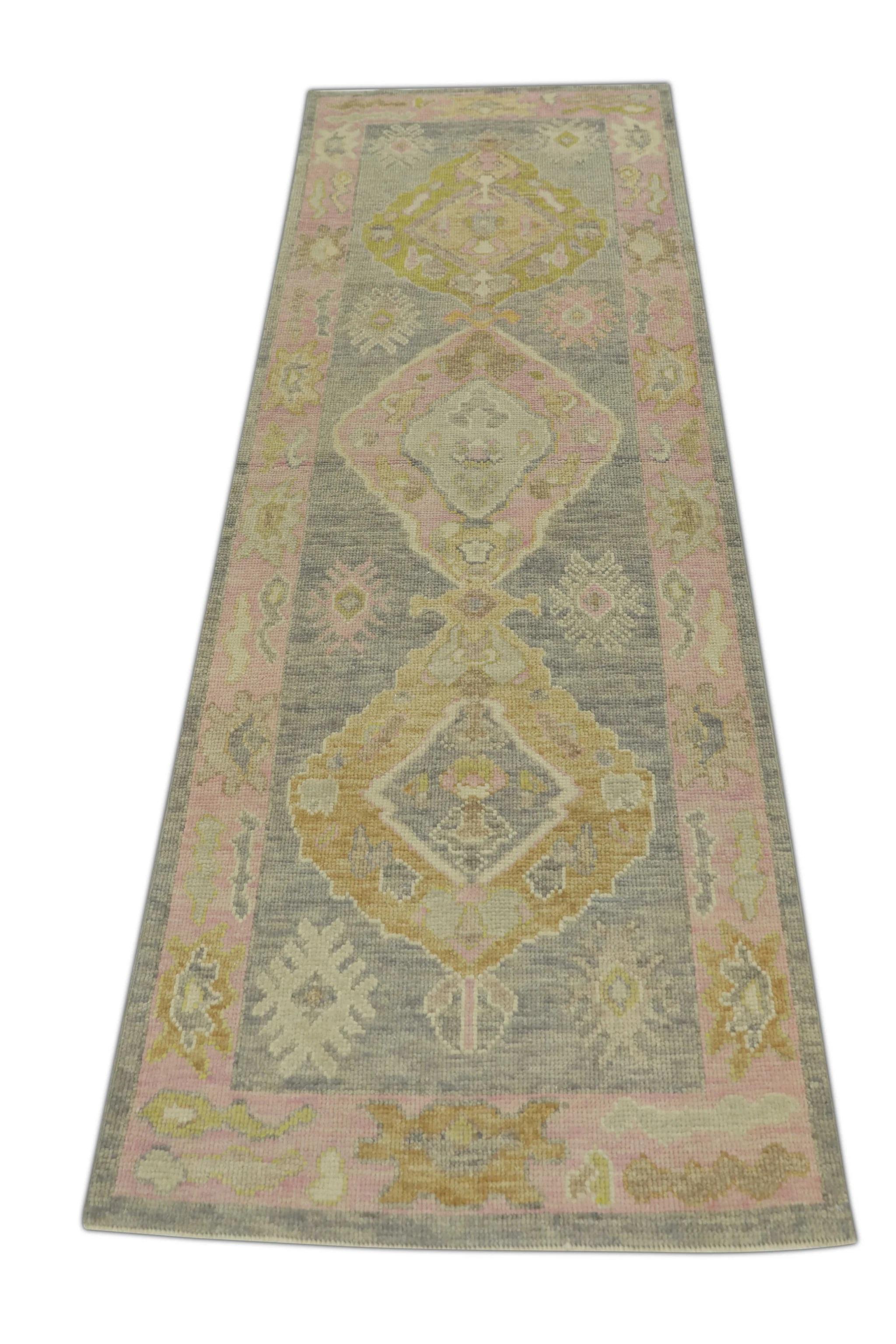 Contemporary Pink & Gray Handwoven Wool Turkish Oushak Runner 2'11