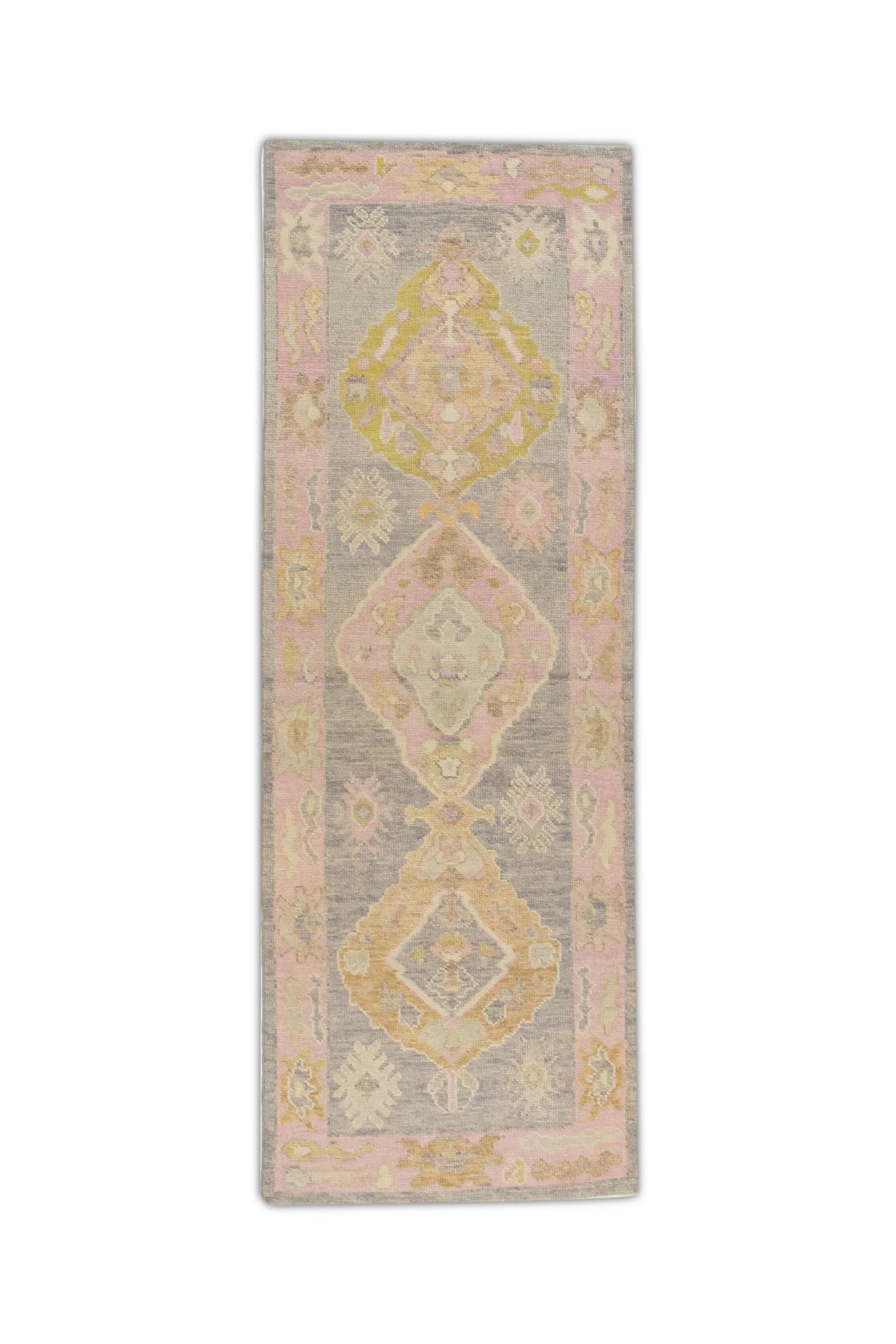 Pink & Gray Handwoven Wool Turkish Oushak Runner 2'11