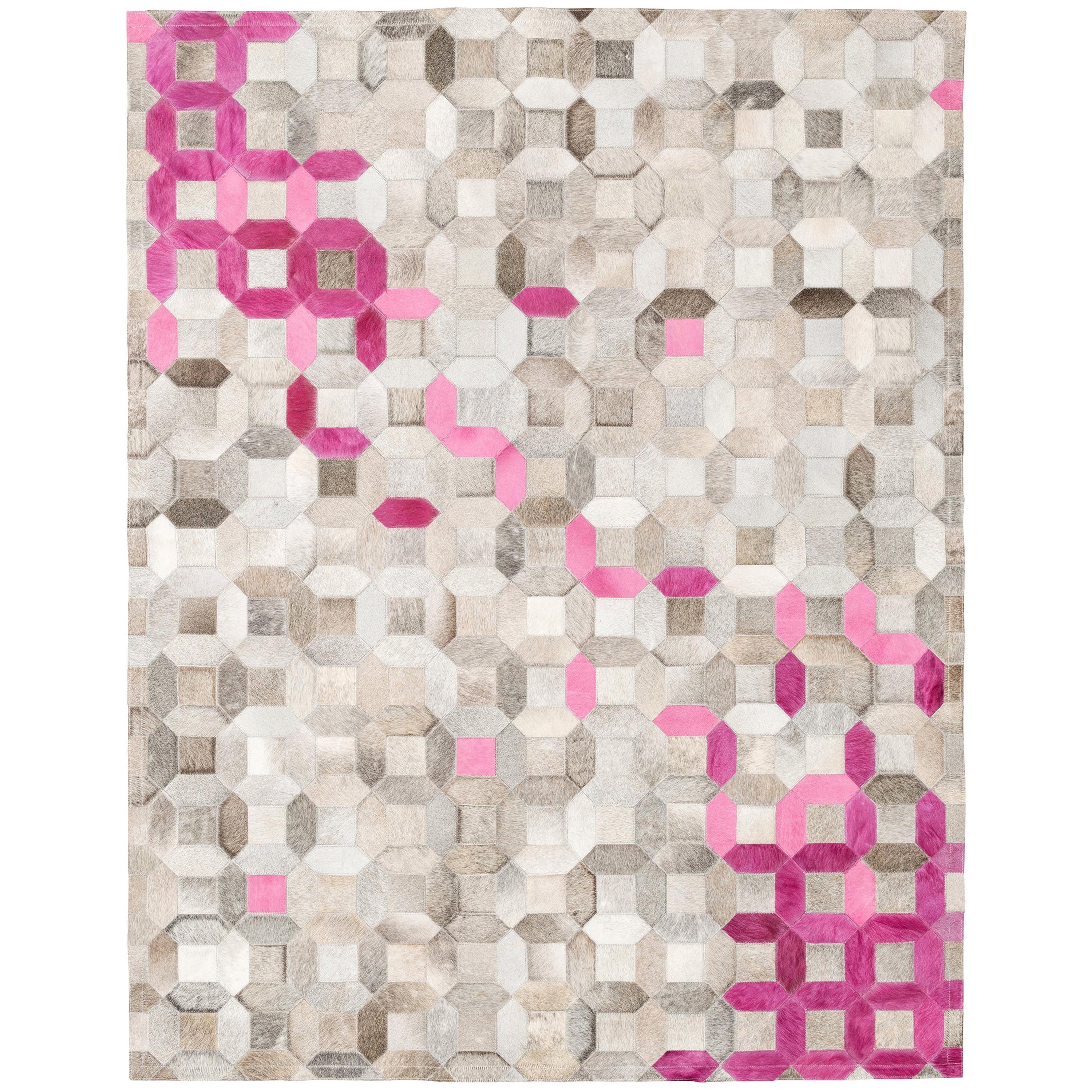 Pink, Gray Tessellation Trellis Pink Customizable Cowhide Area Floor Rug X-Large For Sale