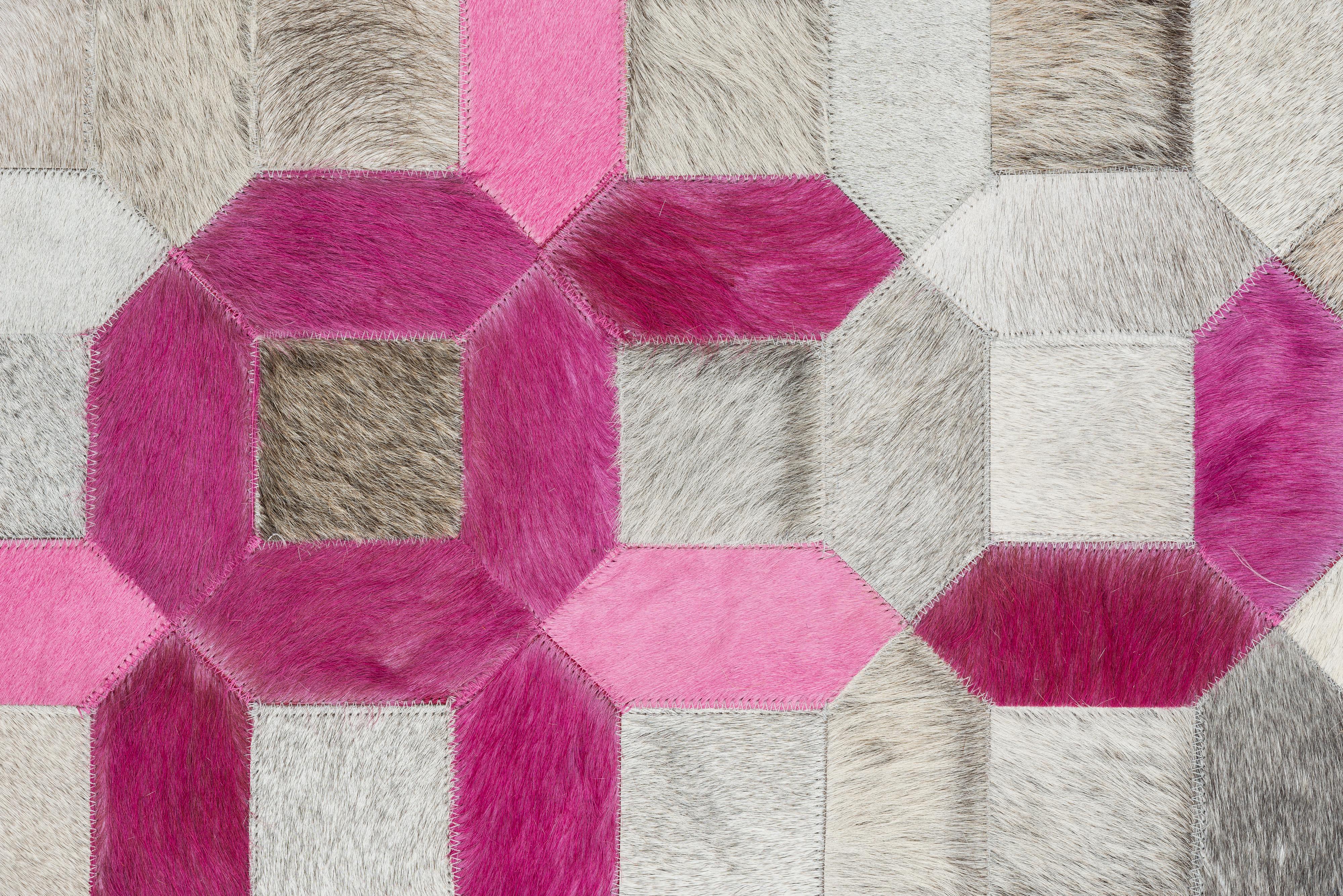 Modern Pink, Gray Tessellation Trellis Pink Customizable Cowhide Area Floor Rug XXLarge For Sale