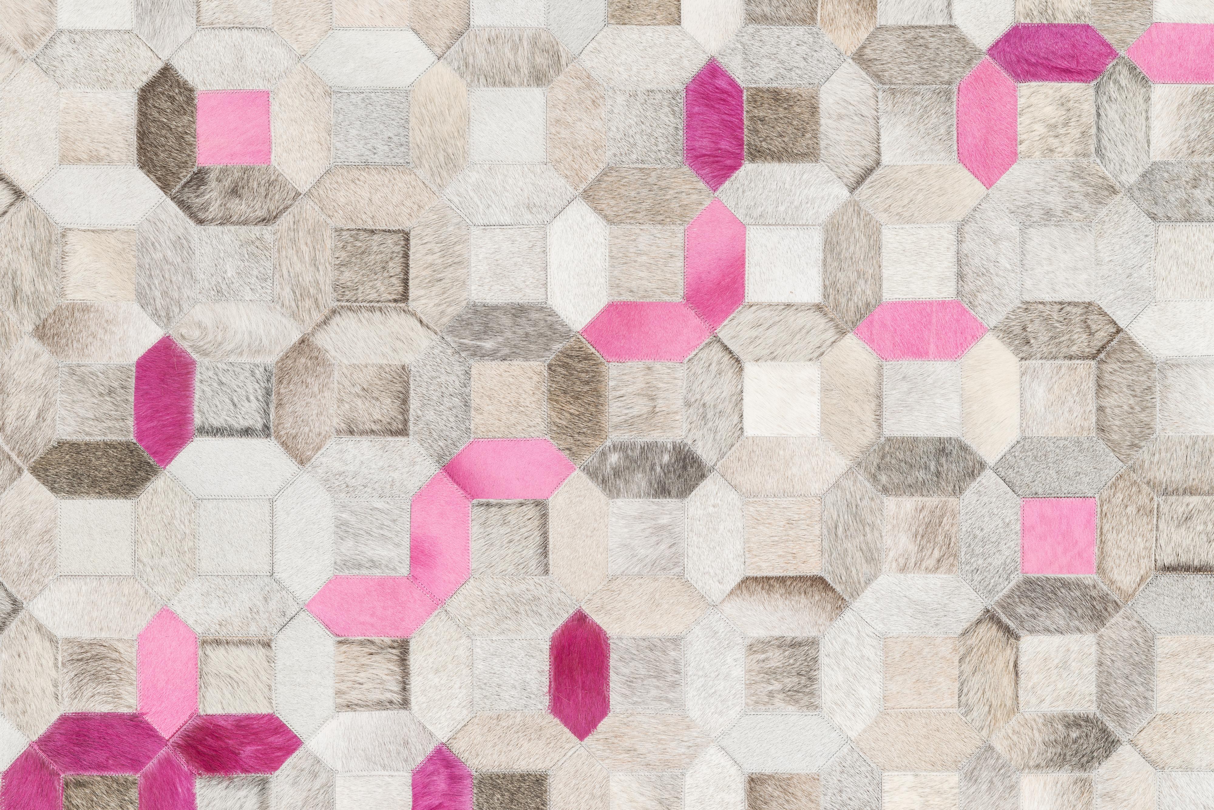 Machine-Made Pink, Gray Tessellation Trellis Pink Customizable Cowhide Area Floor Rug XXLarge For Sale