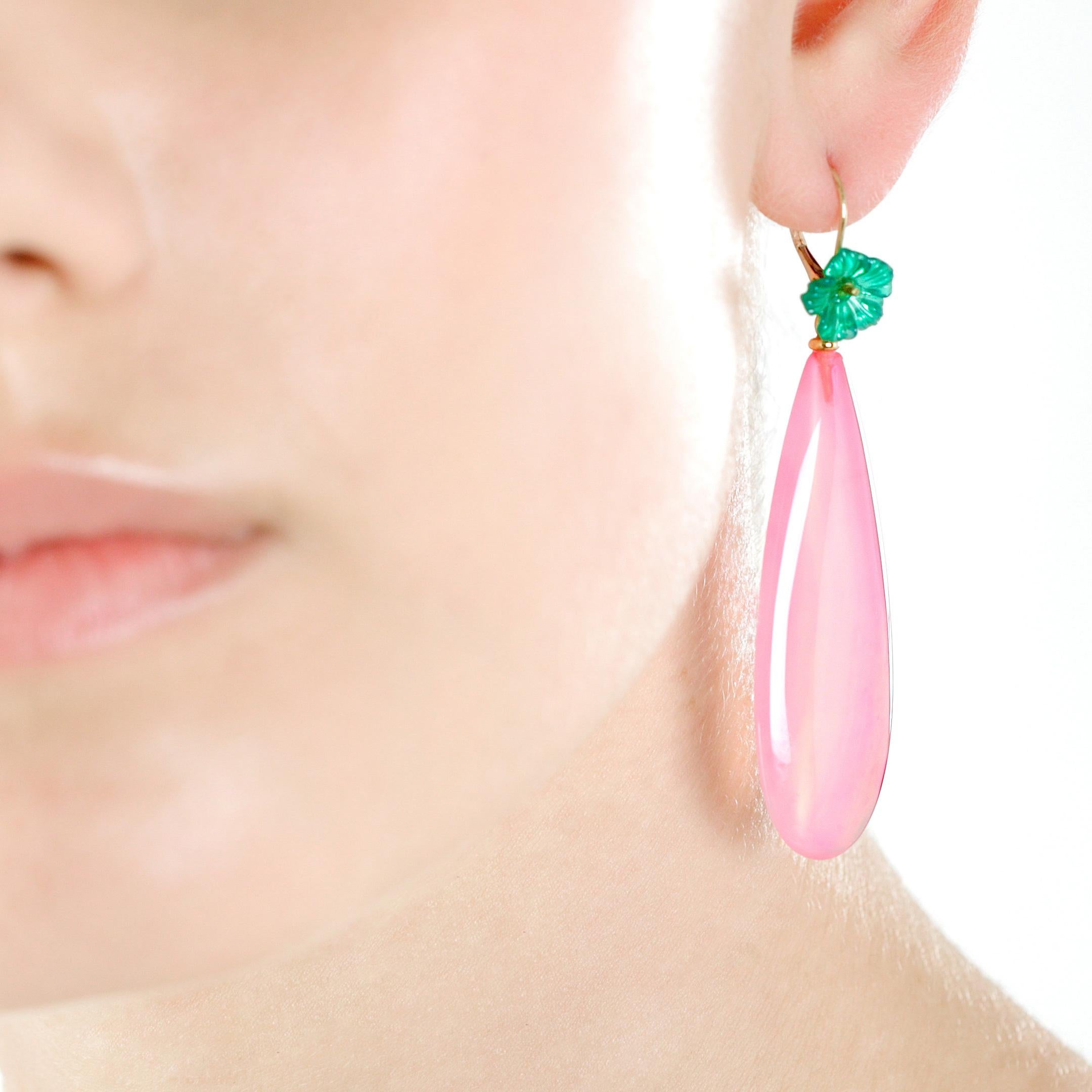 Pink Green Agate Flower 18 Karat Gold Drop Modern Italian Earrings Intini Jewels For Sale 4