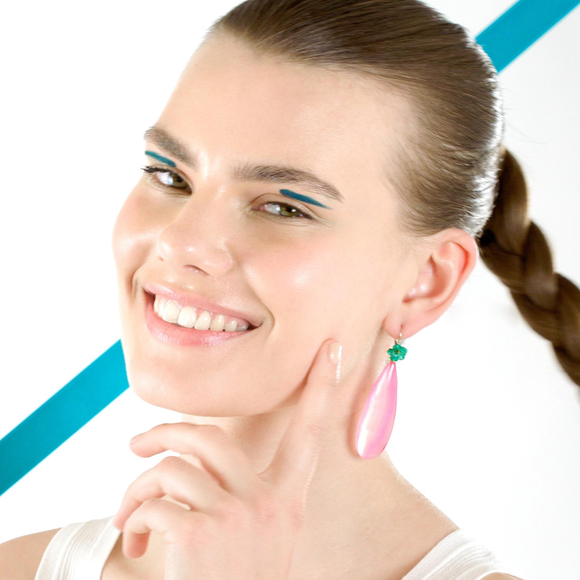 Pink Green Agate Flower 18 Karat Gold Drop Modern Italian Earrings Intini Jewels For Sale 7