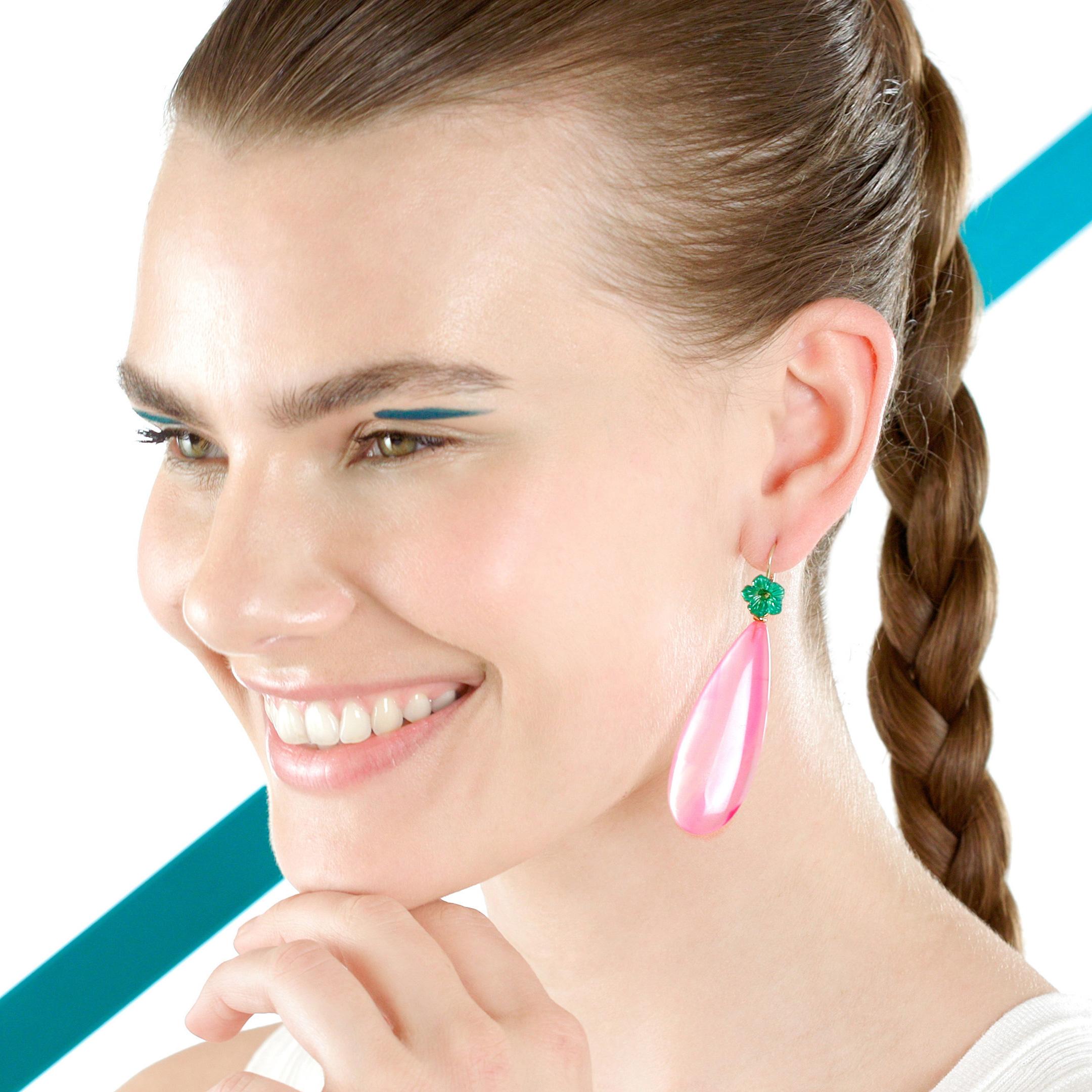 Pink Green Agate Flower 18 Karat Gold Drop Modern Italian Earrings Intini Jewels For Sale 8