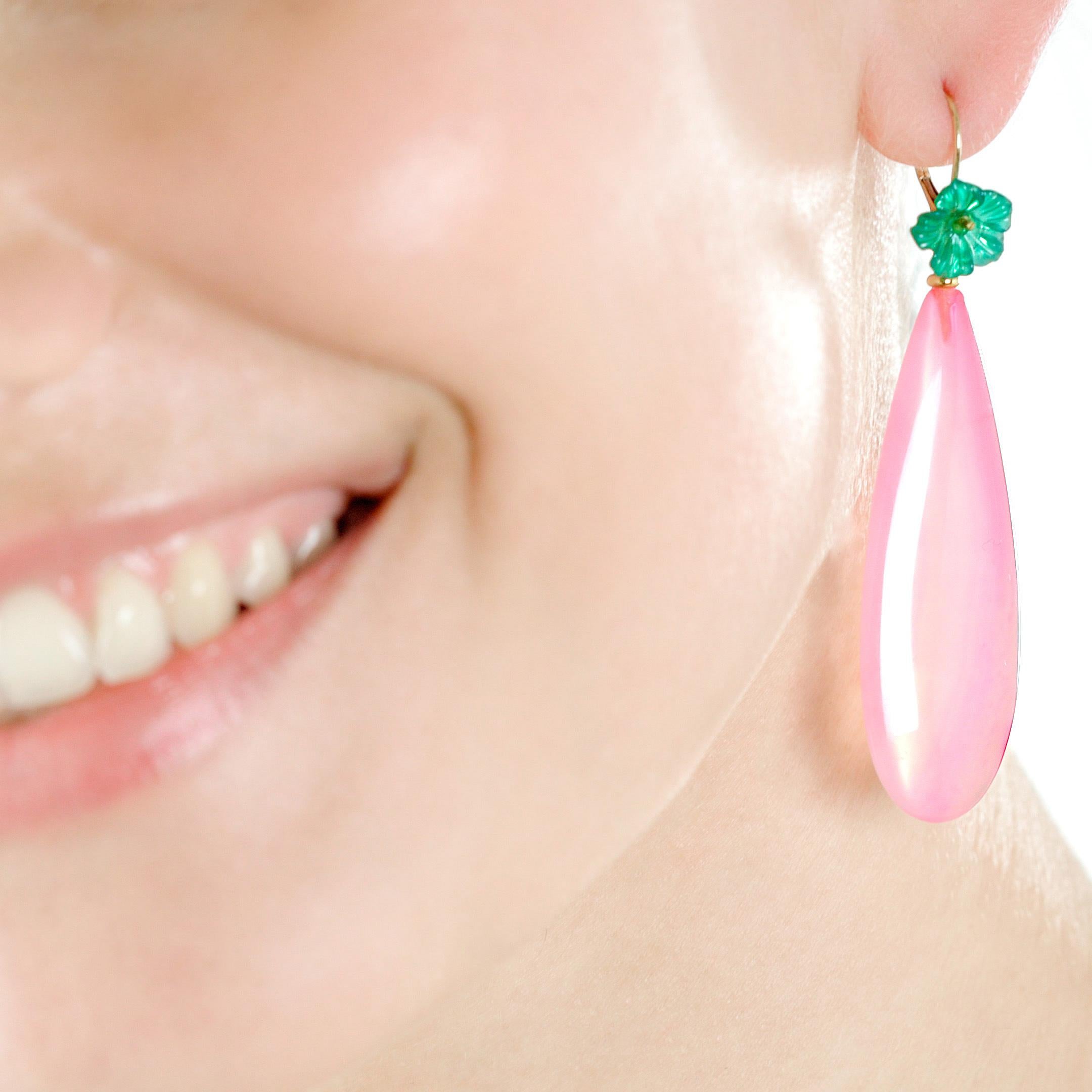 Pink Green Agate Flower 18 Karat Gold Drop Modern Italian Earrings Intini Jewels For Sale 9