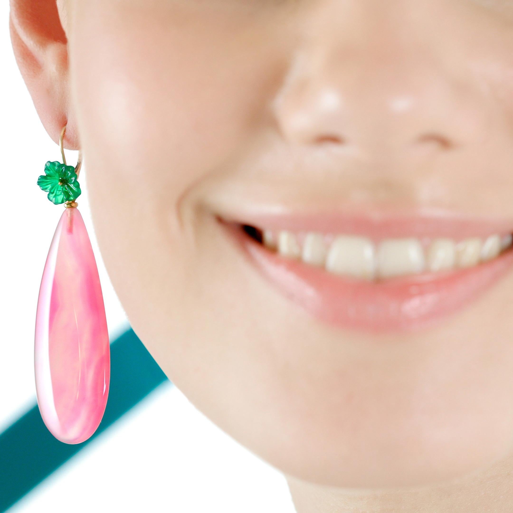 Pink Green Agate Flower 18 Karat Gold Drop Modern Italian Earrings Intini Jewels For Sale 10