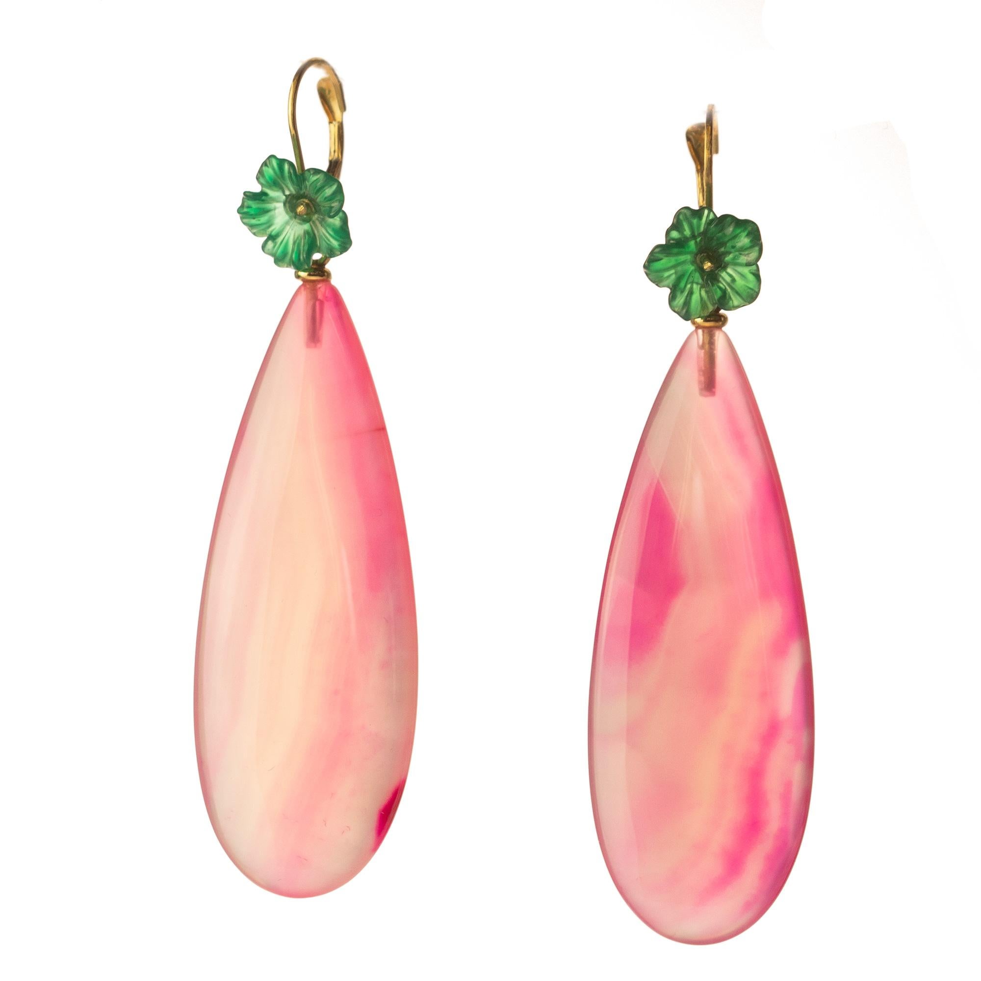 Art Nouveau Pink Green Agate Flower 18 Karat Gold Drop Modern Italian Earrings Intini Jewels For Sale