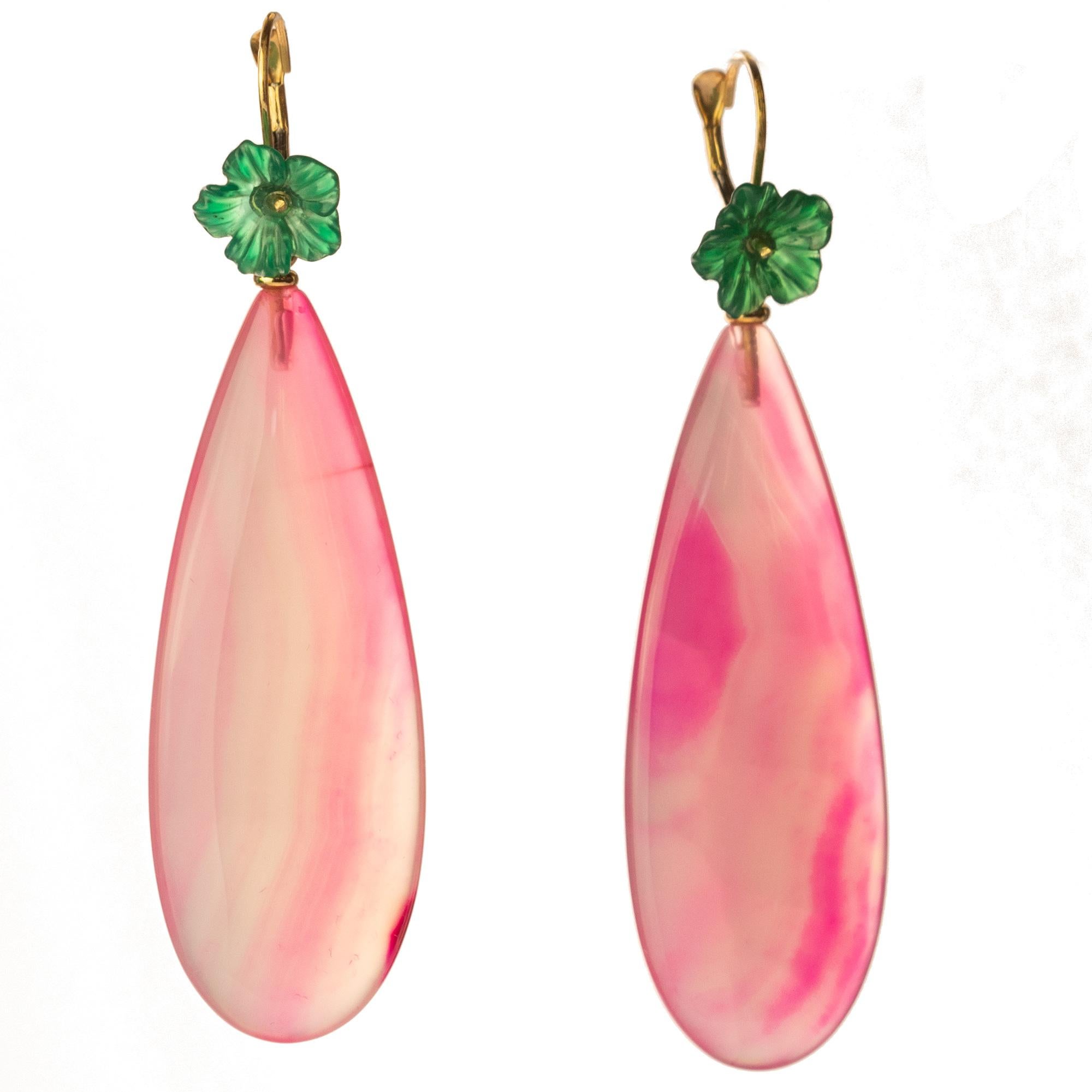 Mixed Cut Pink Green Agate Flower 18 Karat Gold Drop Modern Italian Earrings Intini Jewels For Sale