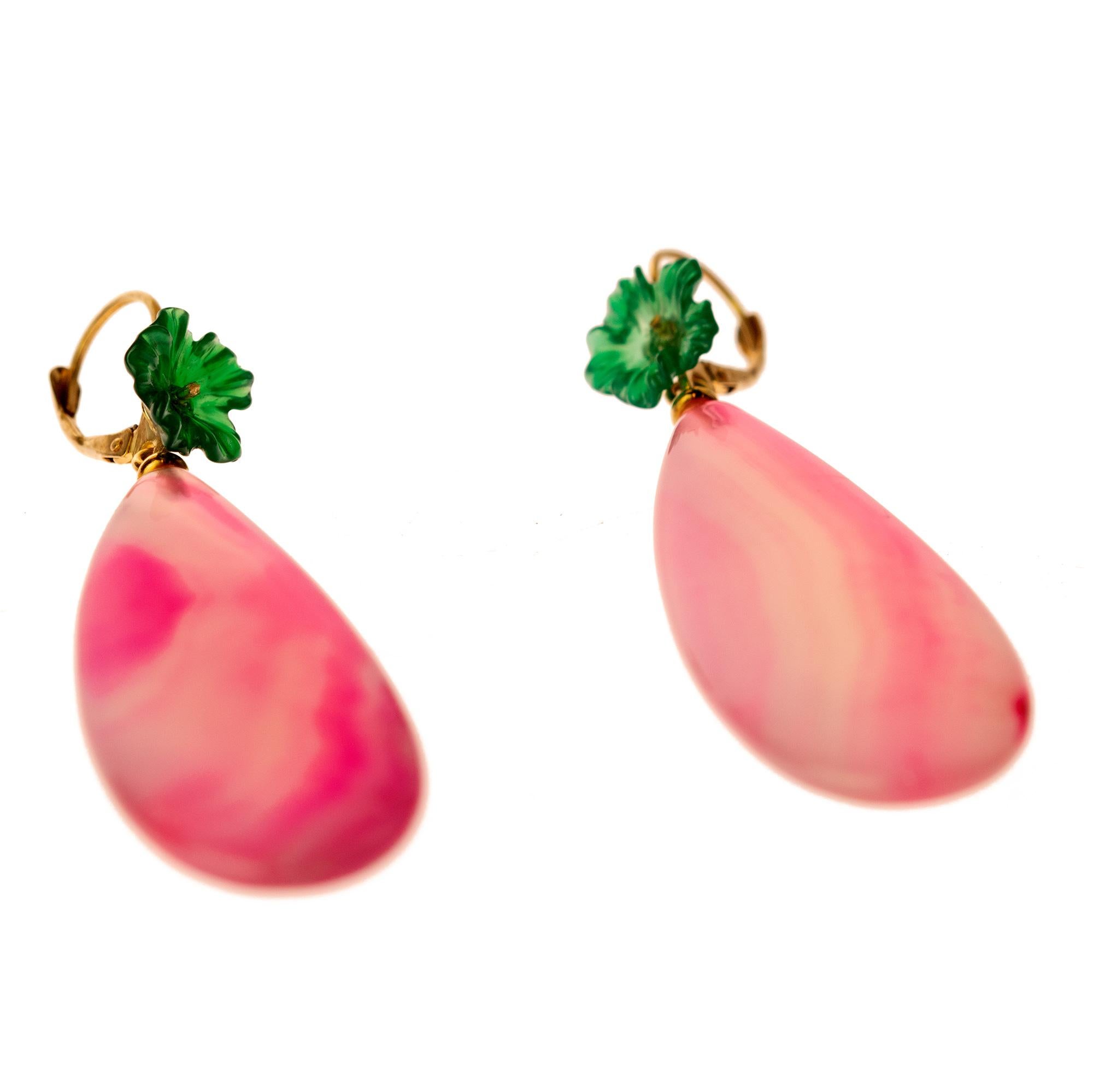 Pink Green Agate Flower 18 Karat Gold Drop Modern Italian Earrings Intini Jewels In New Condition For Sale In Milano, IT
