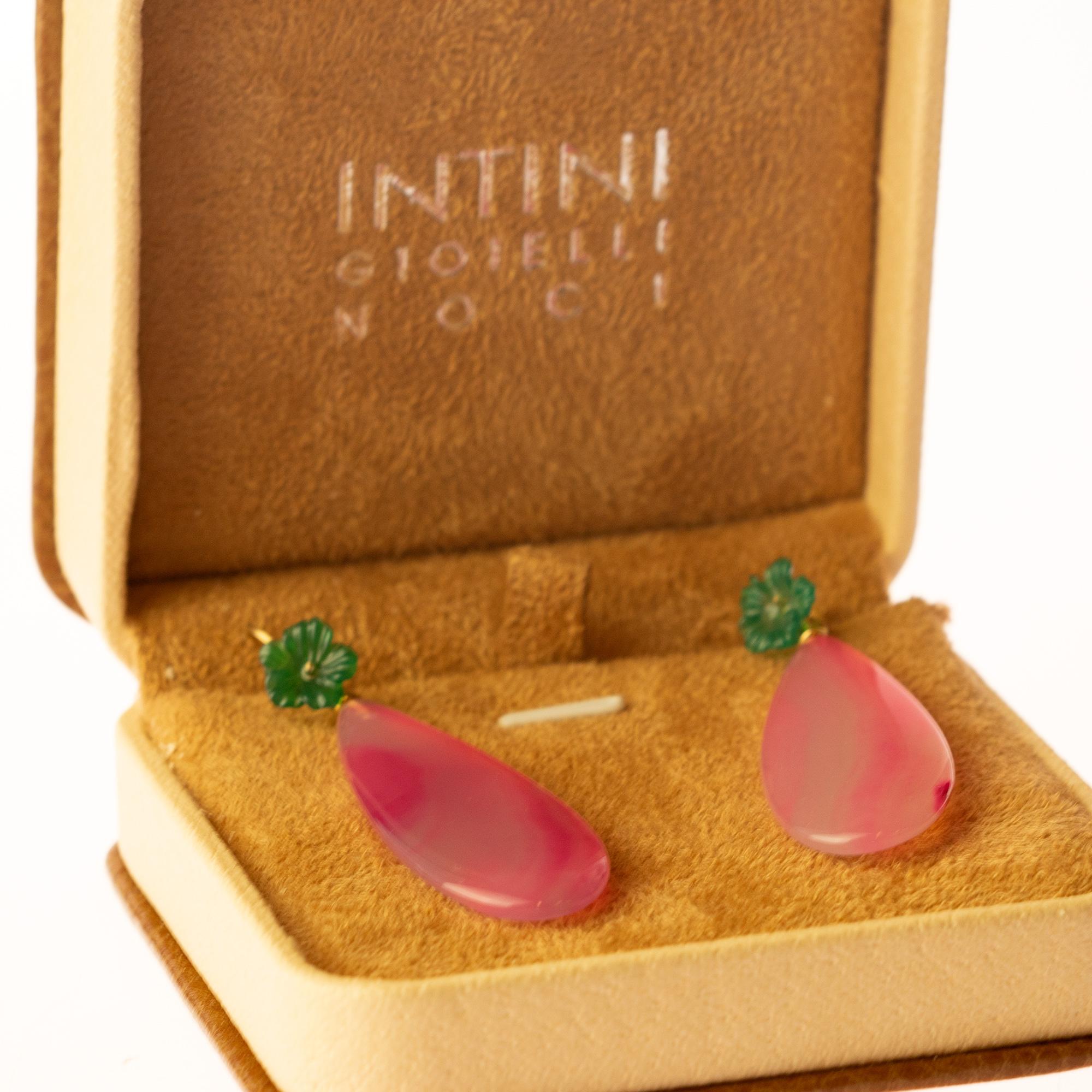 Women's Pink Green Agate Flower 18 Karat Gold Drop Modern Italian Earrings Intini Jewels For Sale