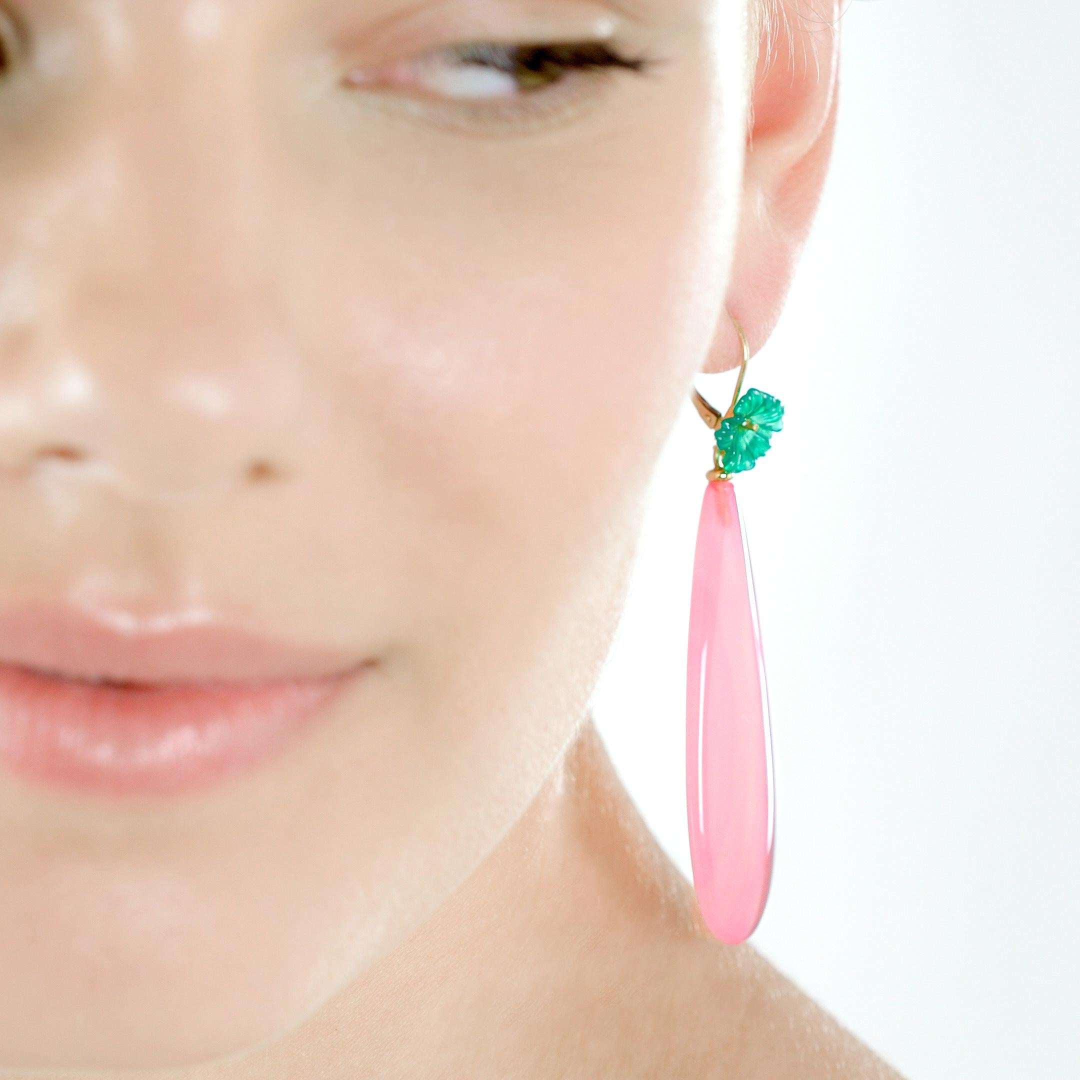 Pink Green Agate Flower 18 Karat Gold Drop Modern Italian Earrings Intini Jewels For Sale 1