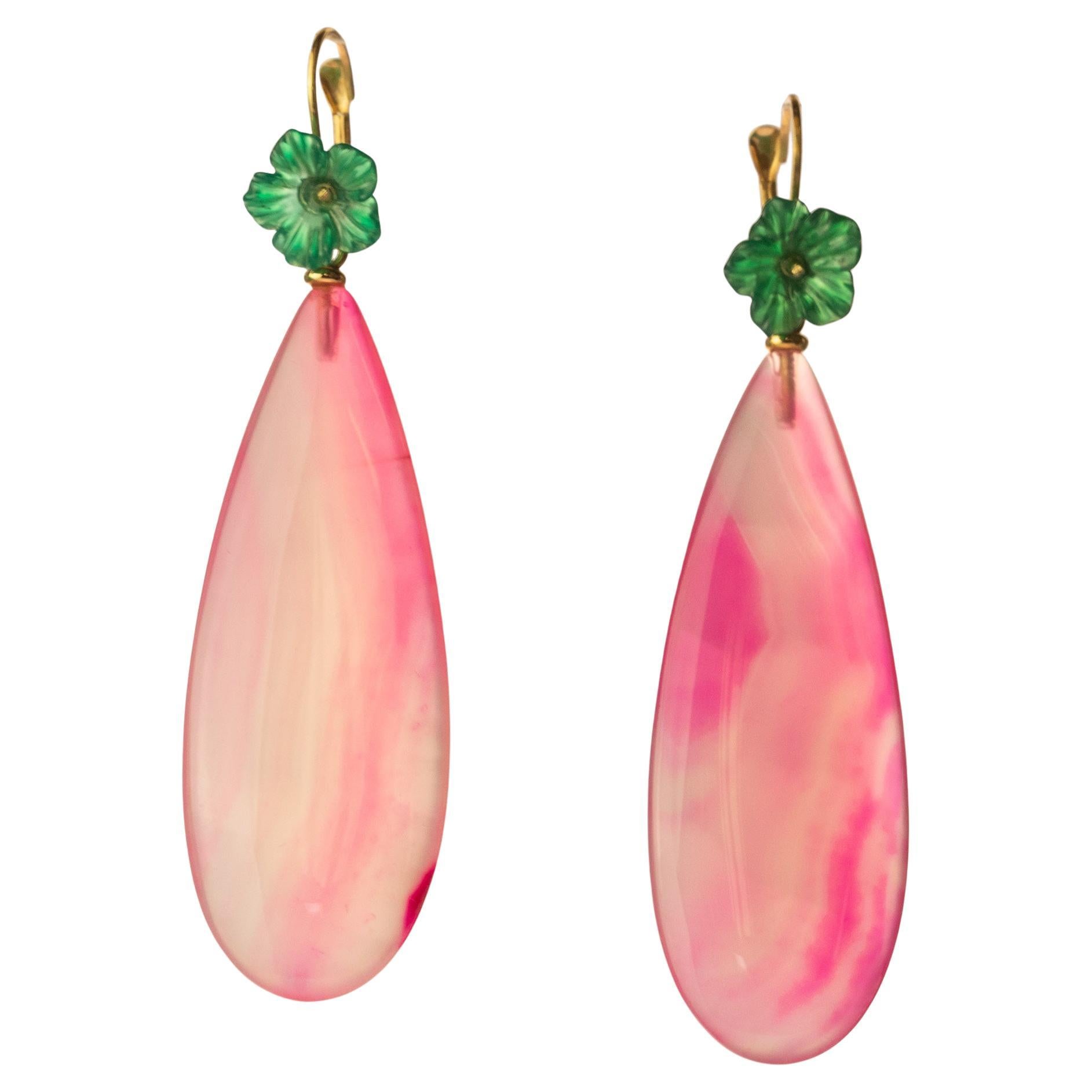 Pink Green Agate Flower 18 Karat Gold Drop Modern Italian Earrings Intini Jewels For Sale