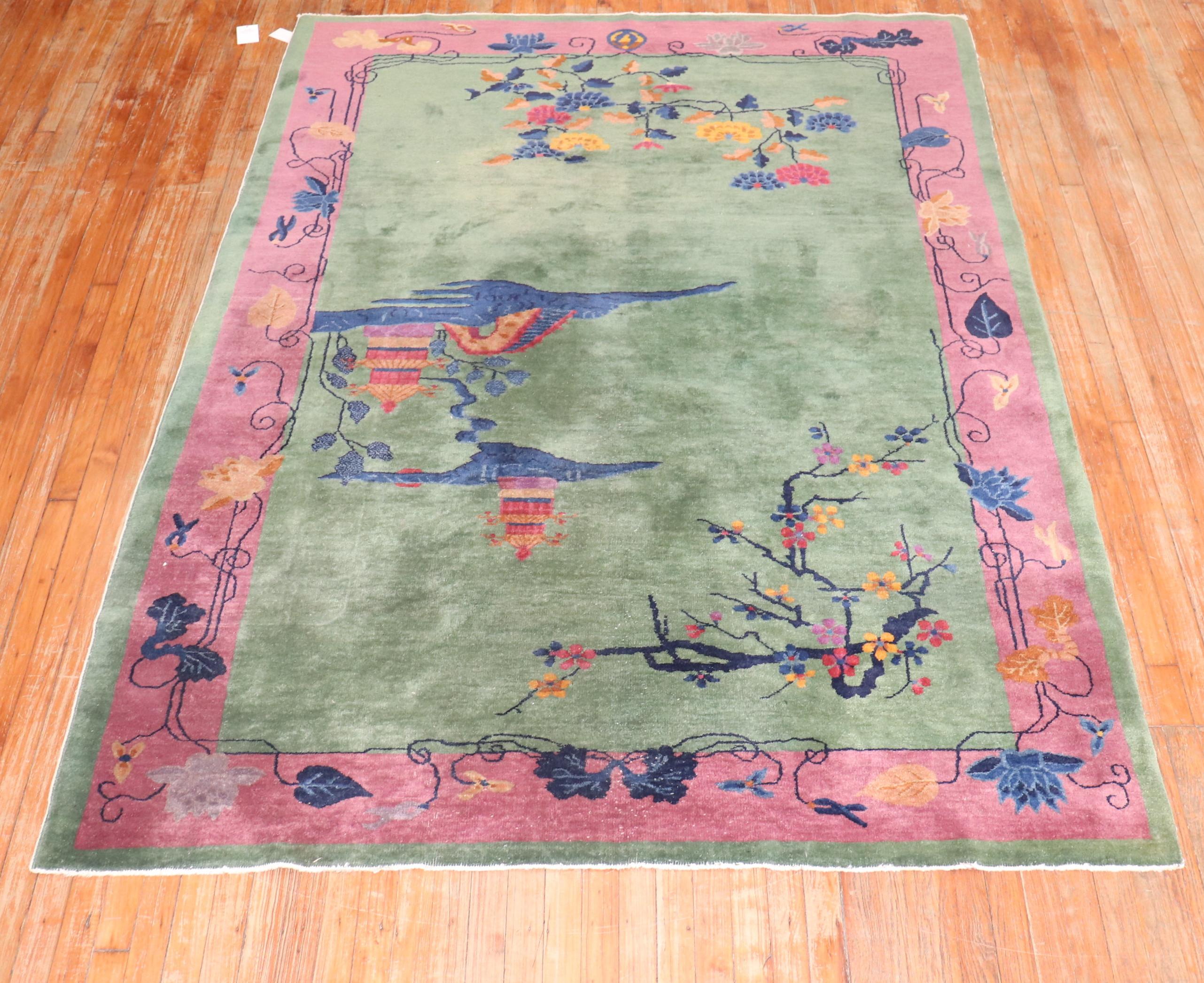 Pink Green Antique Chinese Art Deco Foyer Size Carpet For Sale 6