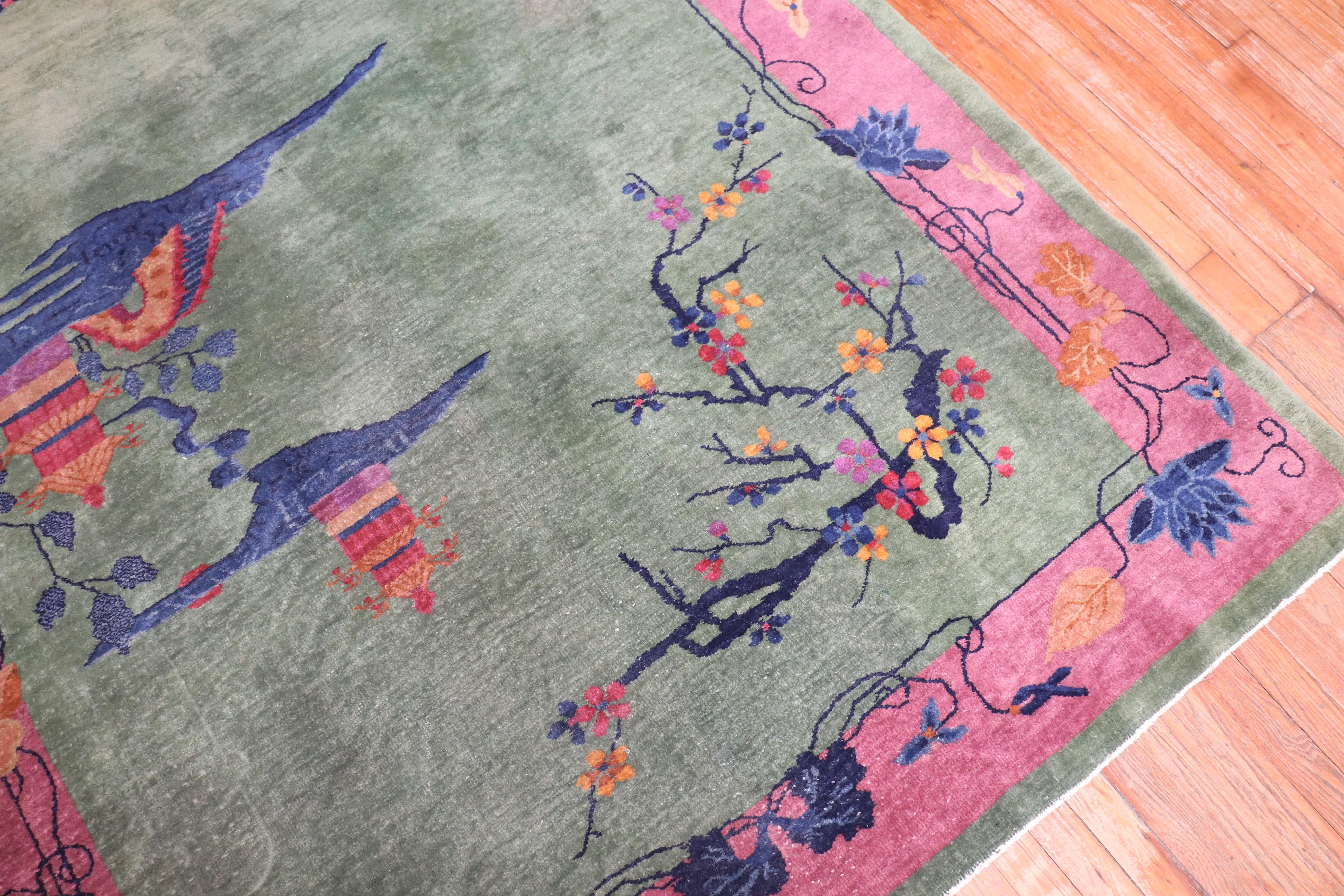 20th Century Pink Green Antique Chinese Art Deco Foyer Size Carpet For Sale