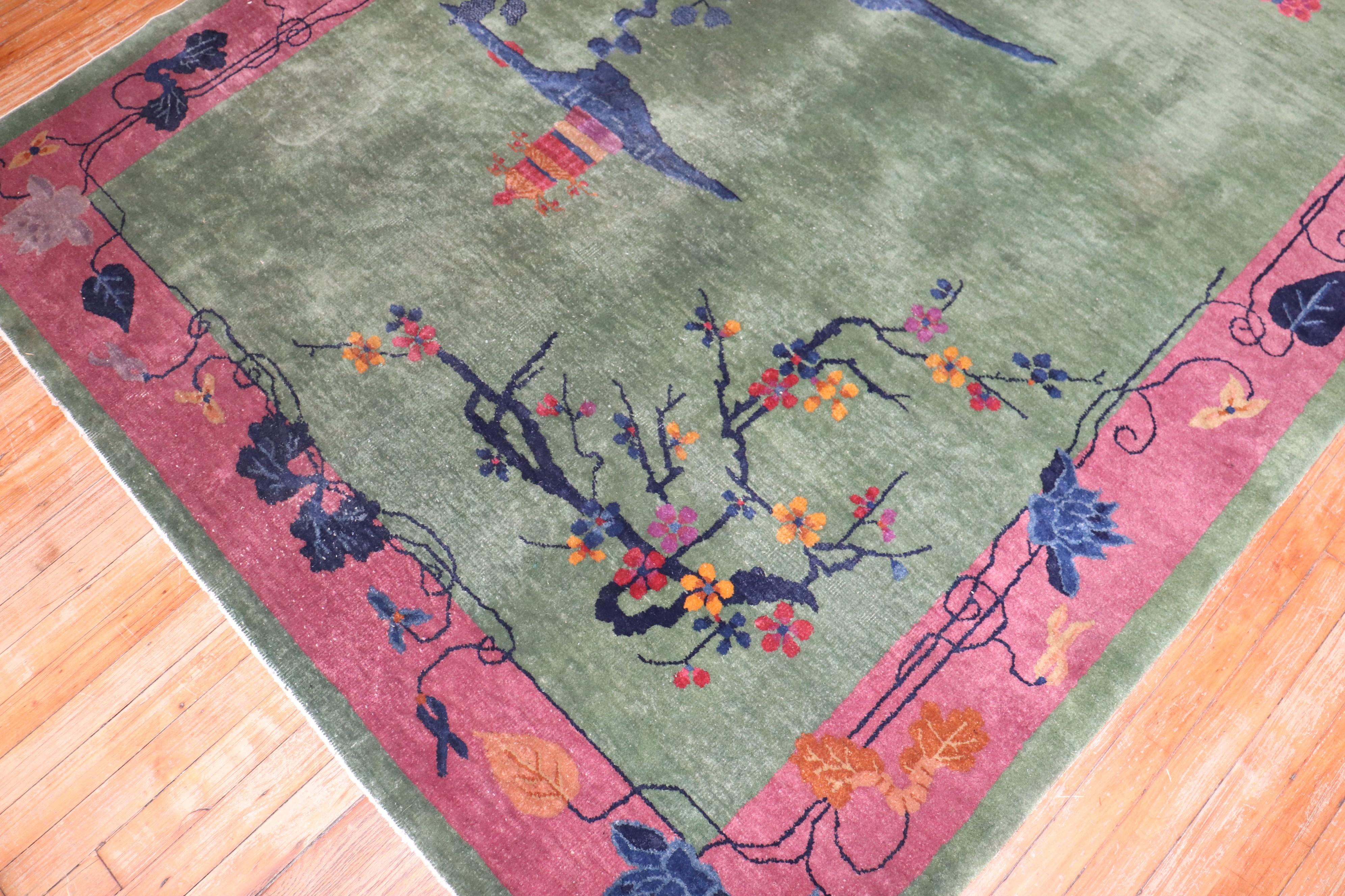 Wool Pink Green Antique Chinese Art Deco Foyer Size Carpet For Sale