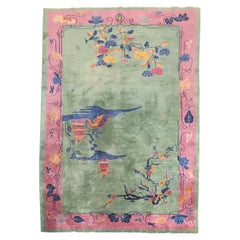 Pink Green Vintage Chinese Art Deco Foyer Size Carpet