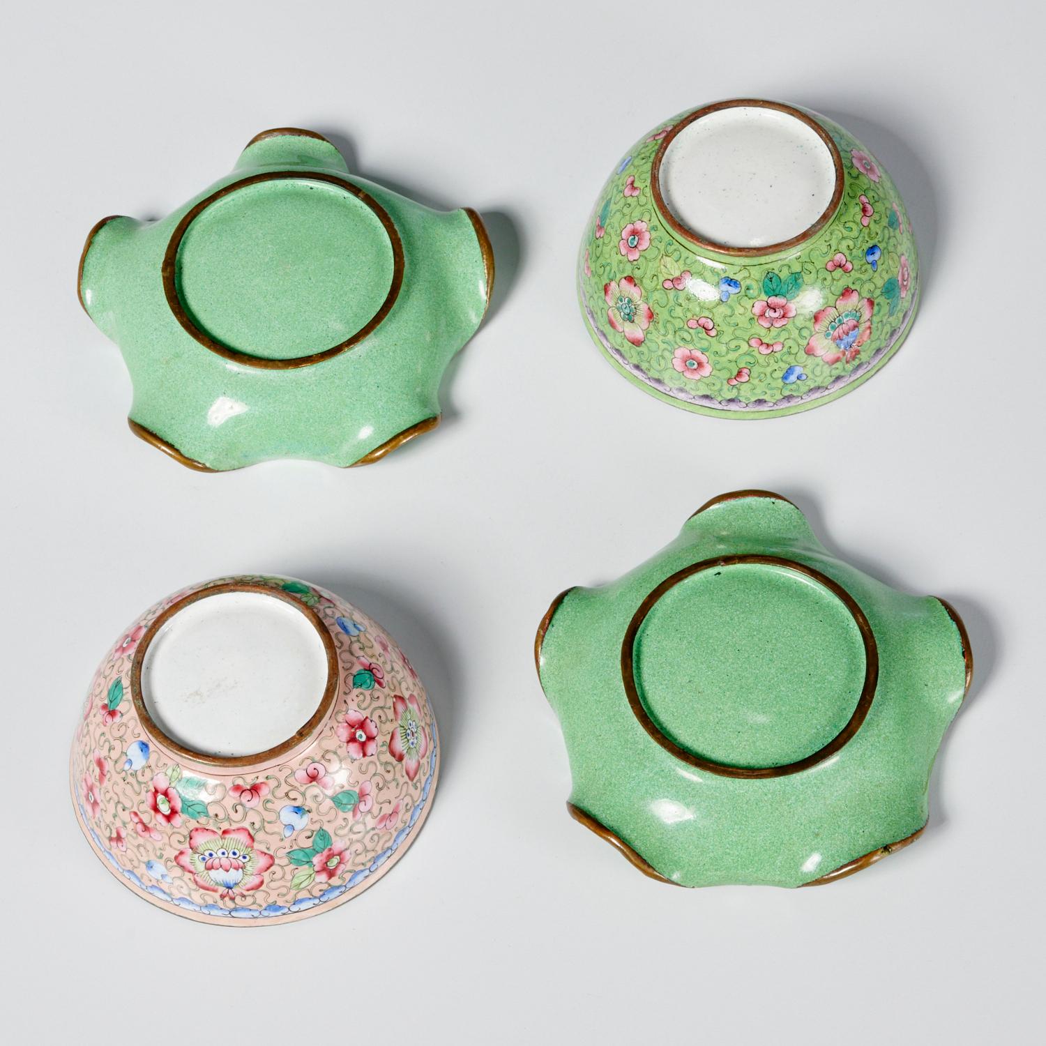 19th/20th c., Chinese enamelware, includes (2) cups and (2) small scalloped edge dishes, each with enameled floral design on a copper ground, unmarked.

This type of enamelling is known by several names, including Beijing, Canton and Peking enamel