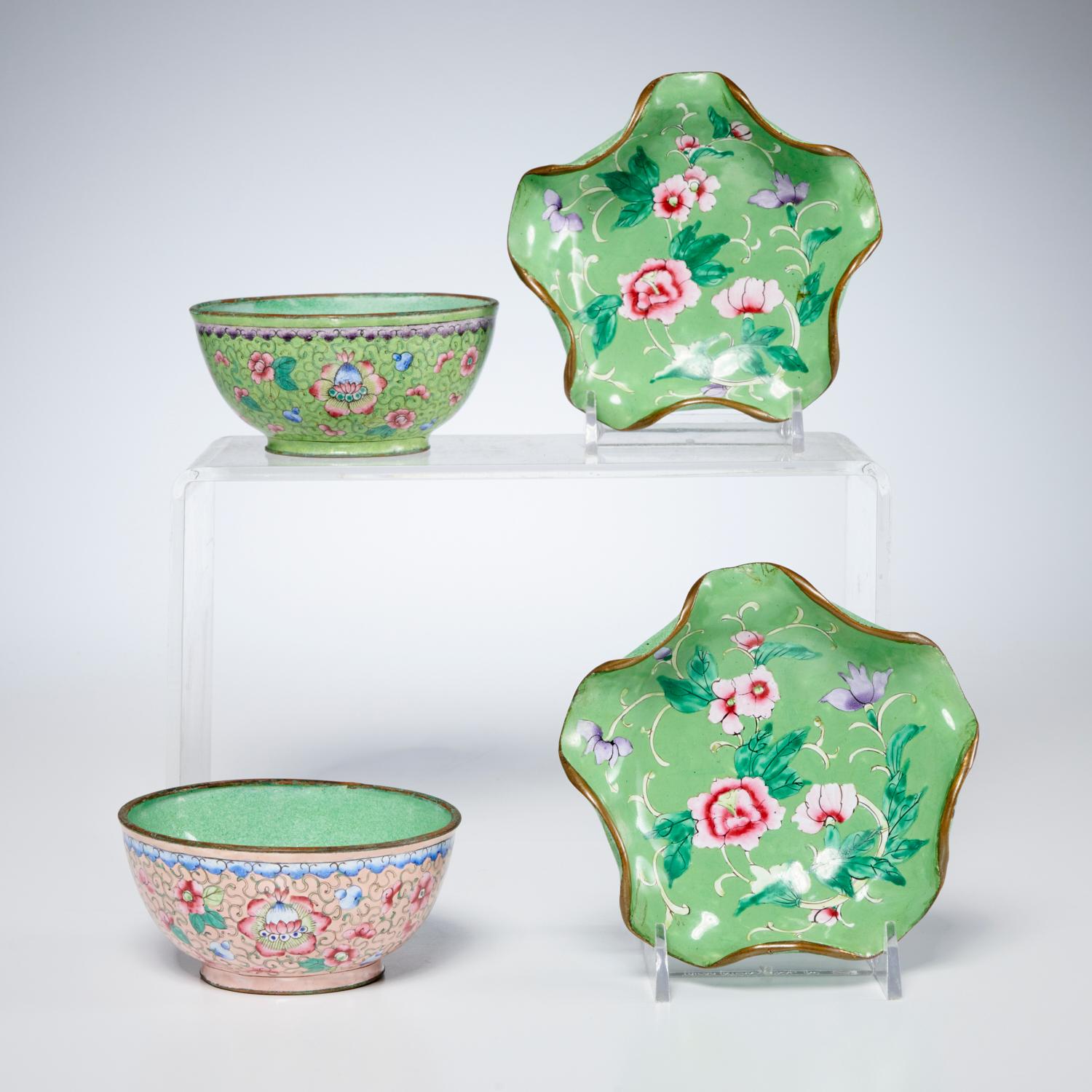 Chinese Export Pink & Green Antique Chinese Peking Enamel Cups and Dishes w. Floral Decoration For Sale