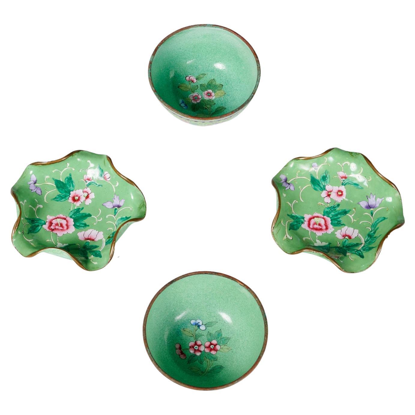 Pink & Green Antique Chinese Peking Enamel Cups and Dishes w. Floral Decoration For Sale